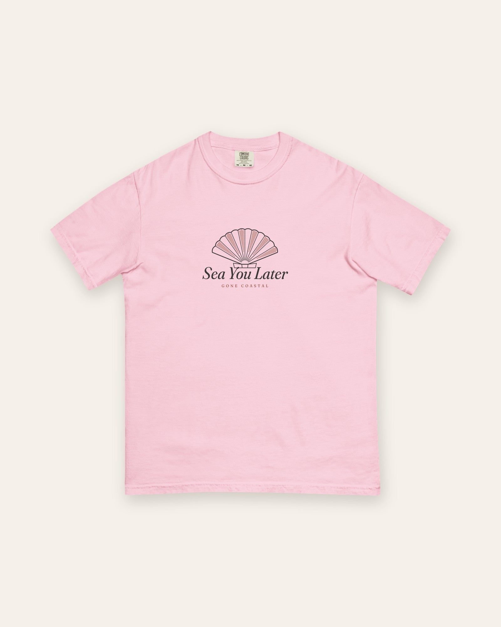 The Sea You Later Tee in Blossom, flat lay front, product shot on cream