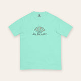 The Sea You Later Tee in Chalky Mint, flat lay front, product shot on cream