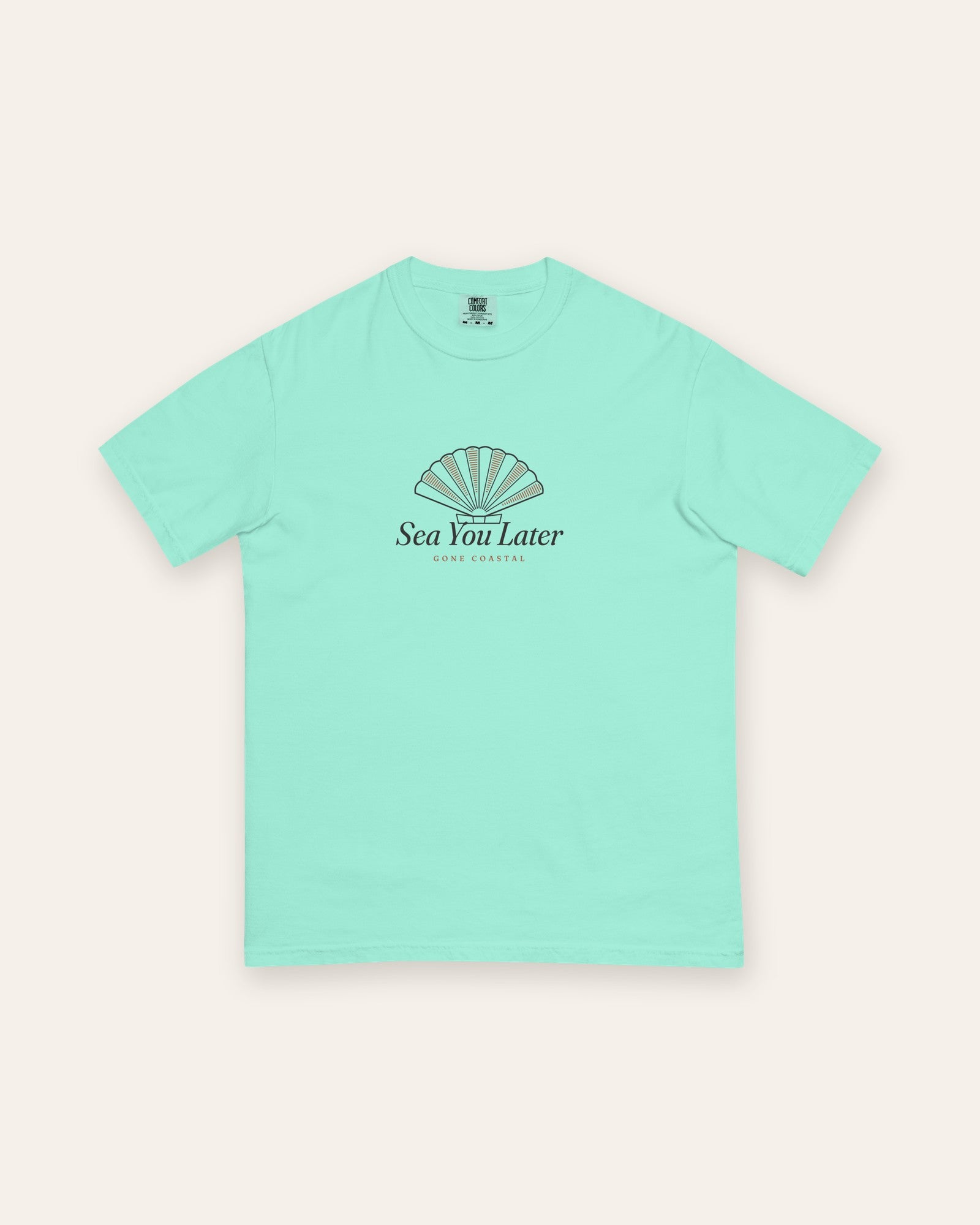 The Sea You Later Tee in Chalky Mint, flat lay front, product shot on cream