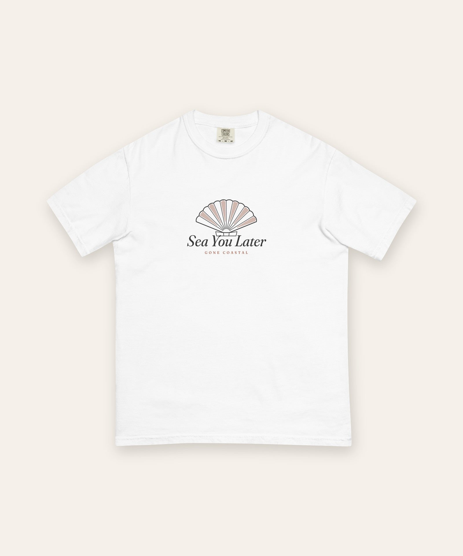 The Sea You Later Tee in White, flat lay front, product shot on cream