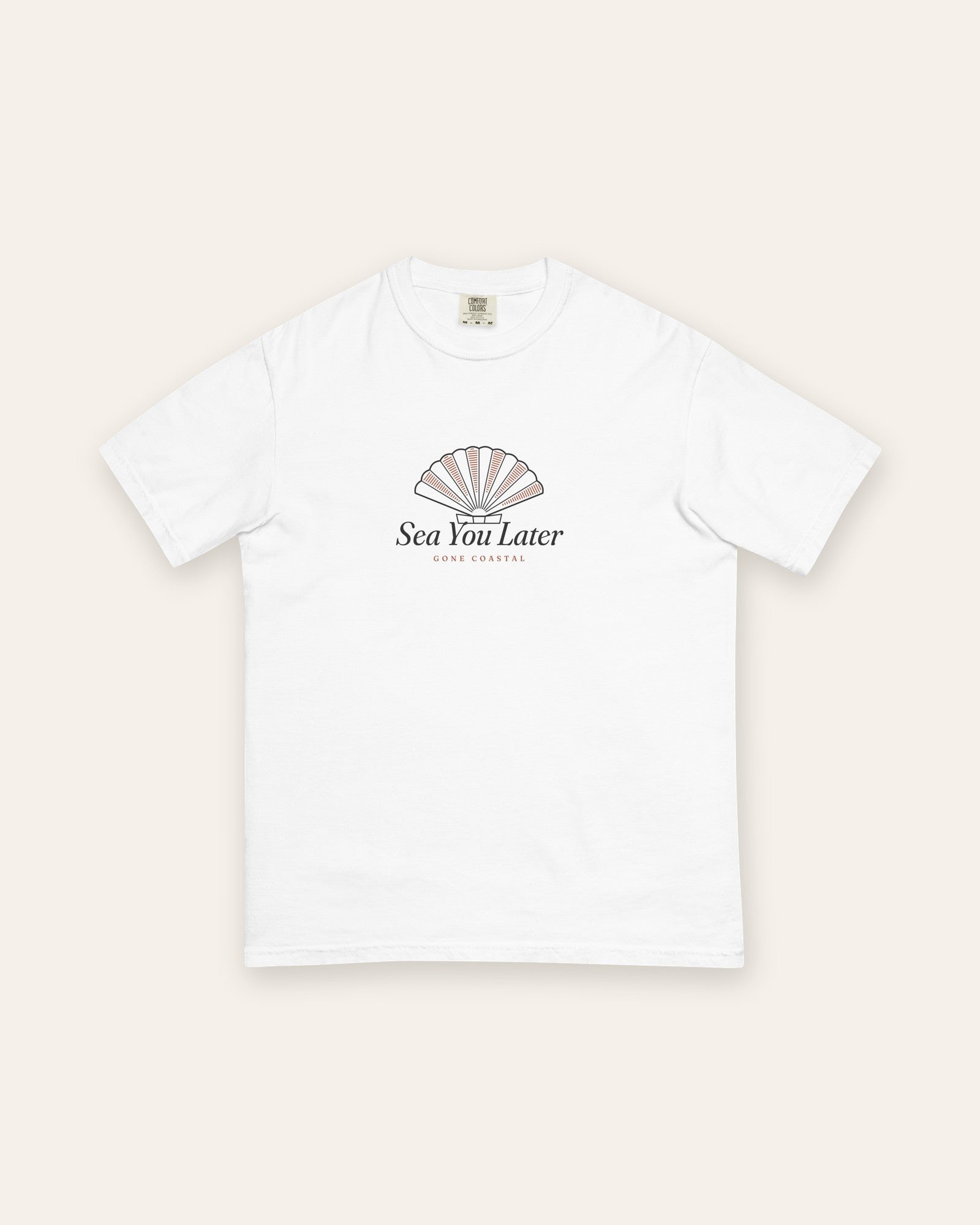 The Sea You Later Tee in White, flat lay front, product shot on cream
