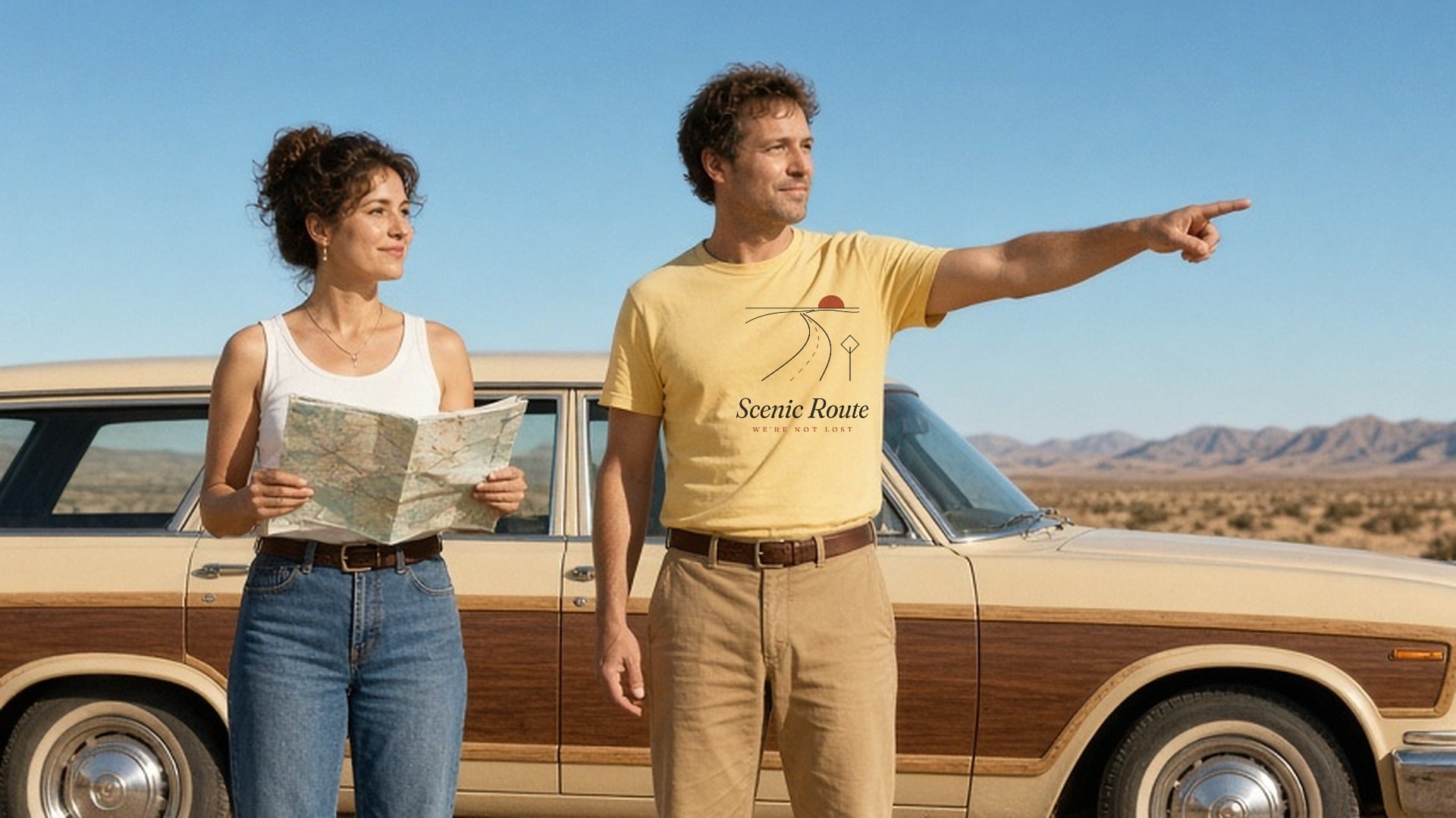 The Scenic Route Tee in Butter, couple beside a vintage wood-panel station wagon at a desert pull-off, she holds the map, he (Butter tee) points into the distance, hard sun