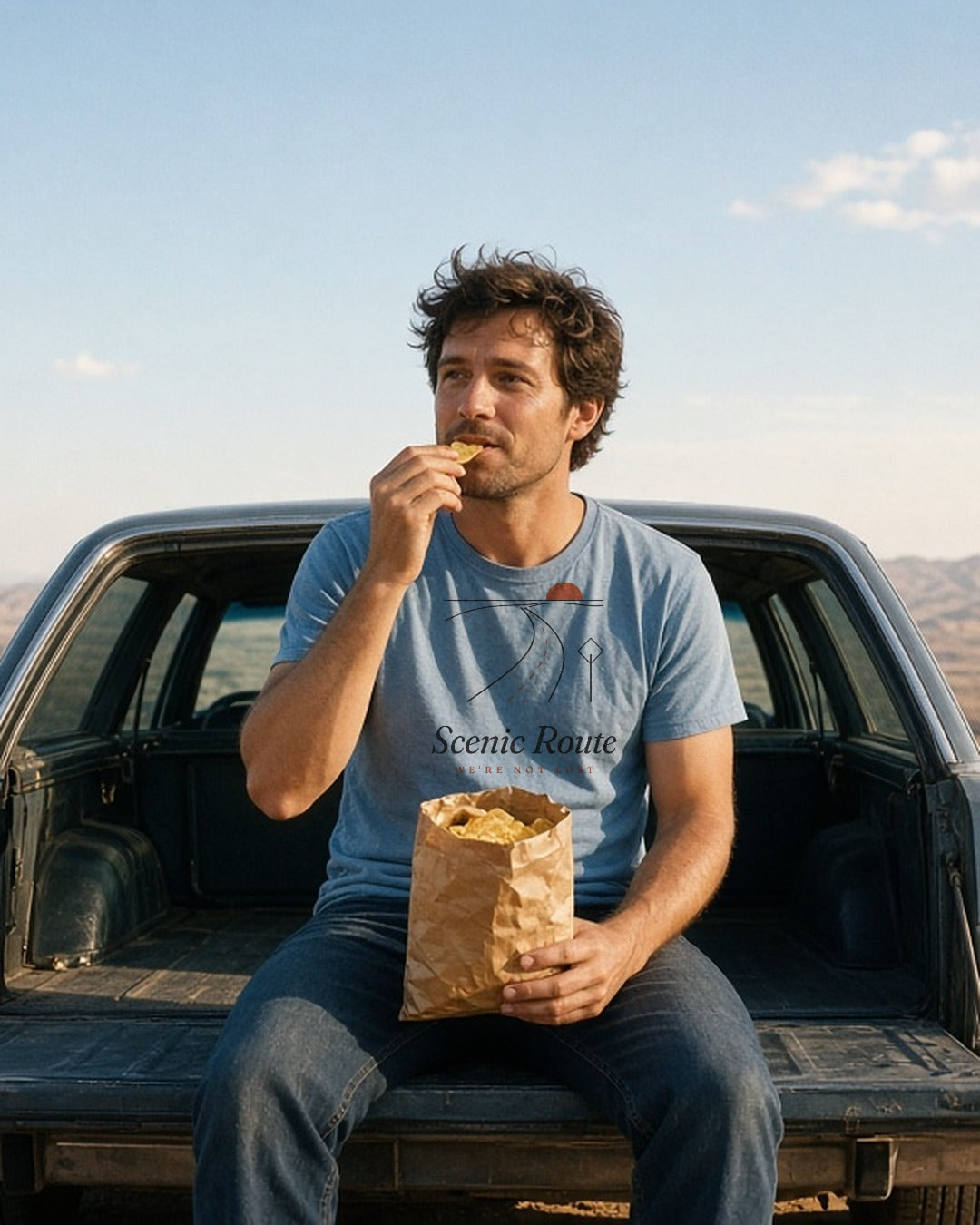 The Scenic Route Tee in Chambray, man in the Chambray tee on a station wagon tailgate eating gas-station snacks, desert view