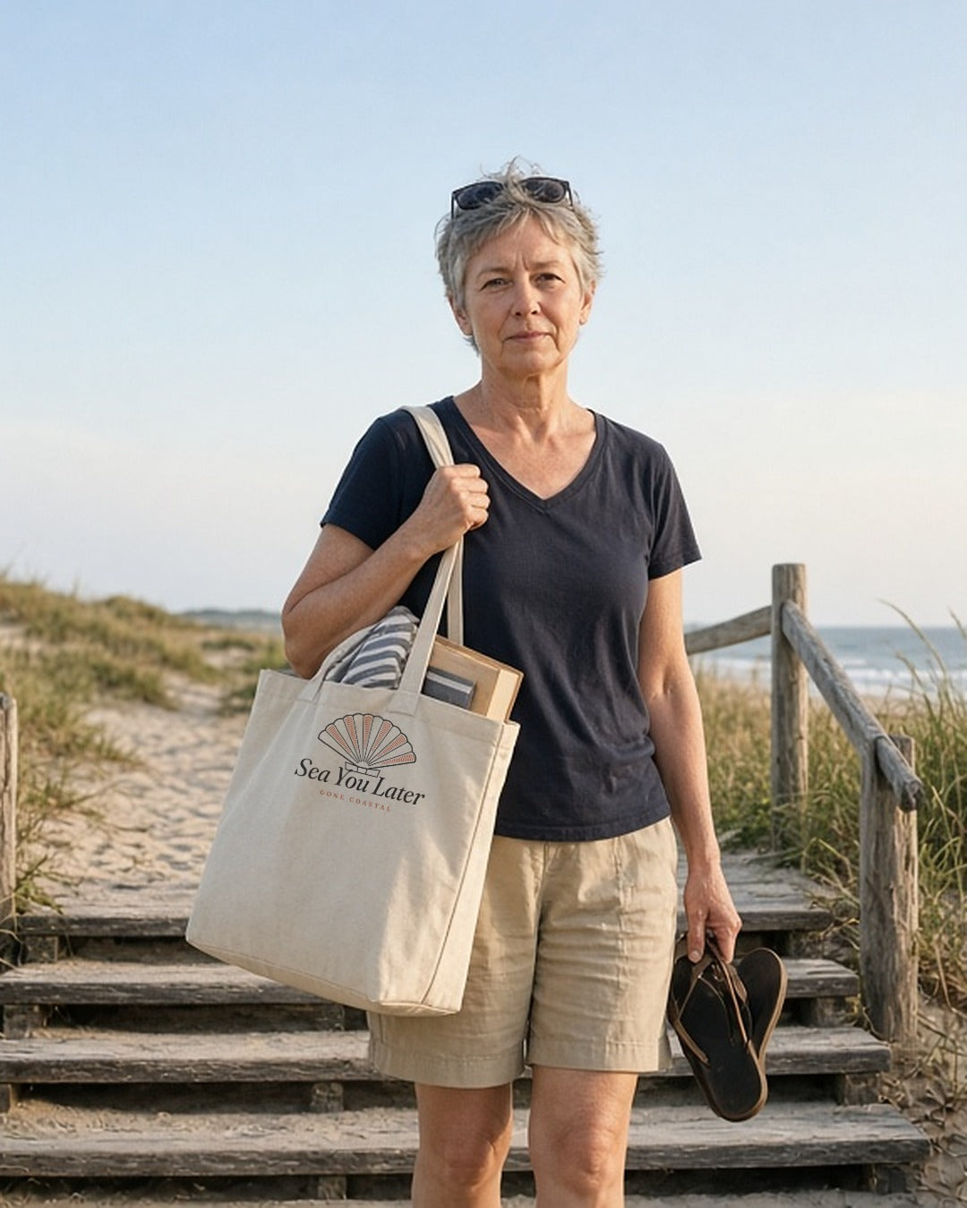 The Sea You Later Tote in Oyster, woman on wooden dune steps above the beach, tote on her shoulder, sandals in hand