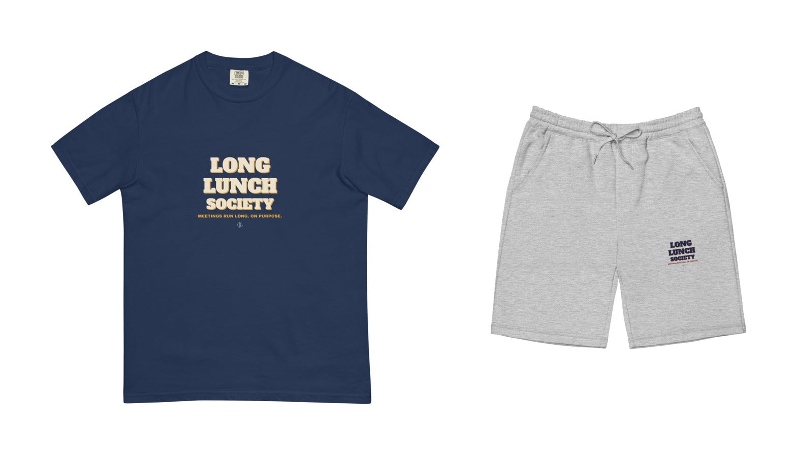 The Long Lunch Society Fleece Shorts, styled as a set with the Long Lunch Society Tee