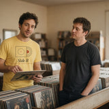 The Side B Tee in Butter, man in the Butter tee at a record-store bin holds a sleeve and points at the back cover for a bored friend, window light