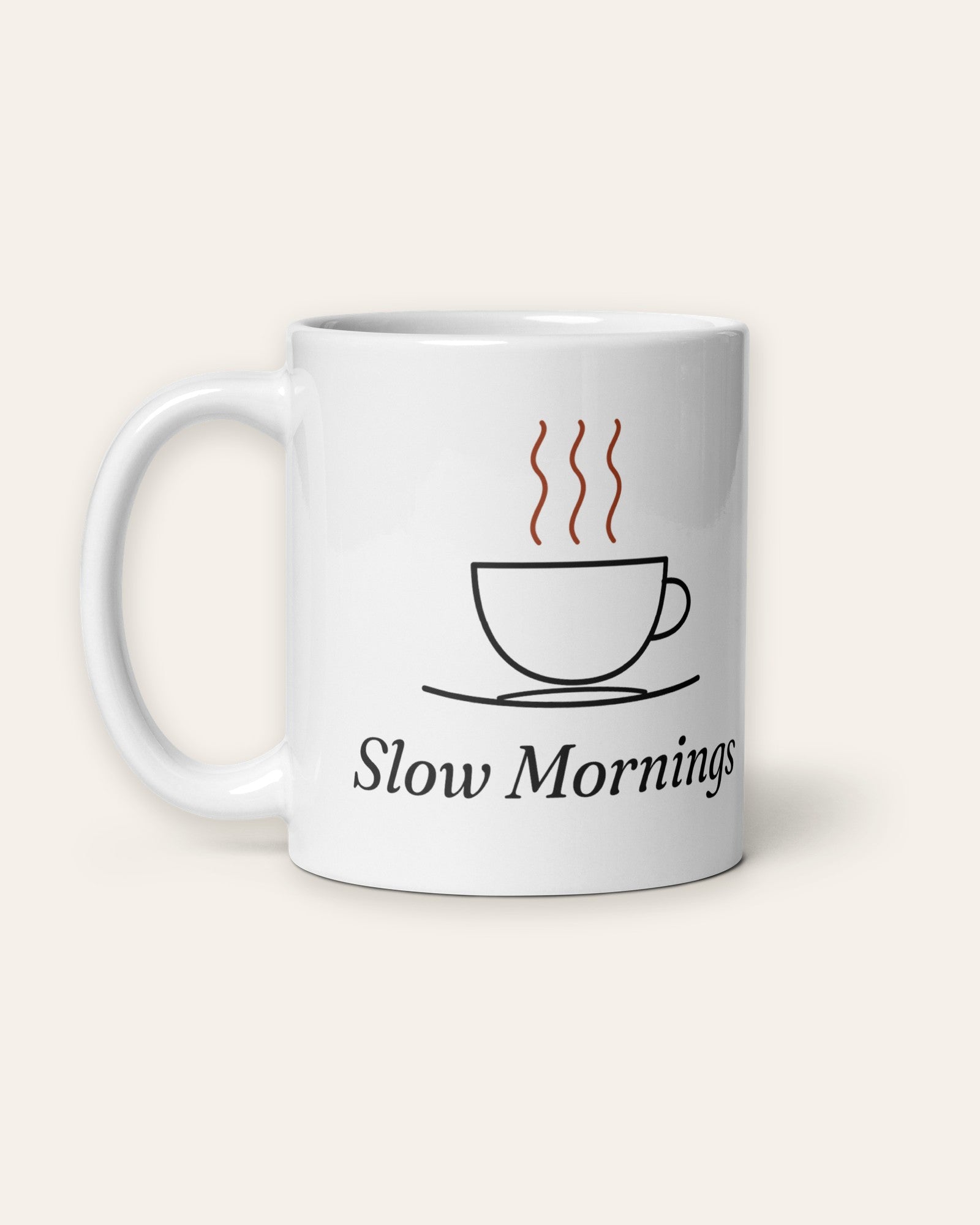 The Slow Mornings Mug, 11 oz, other side, handle on left, product shot on cream