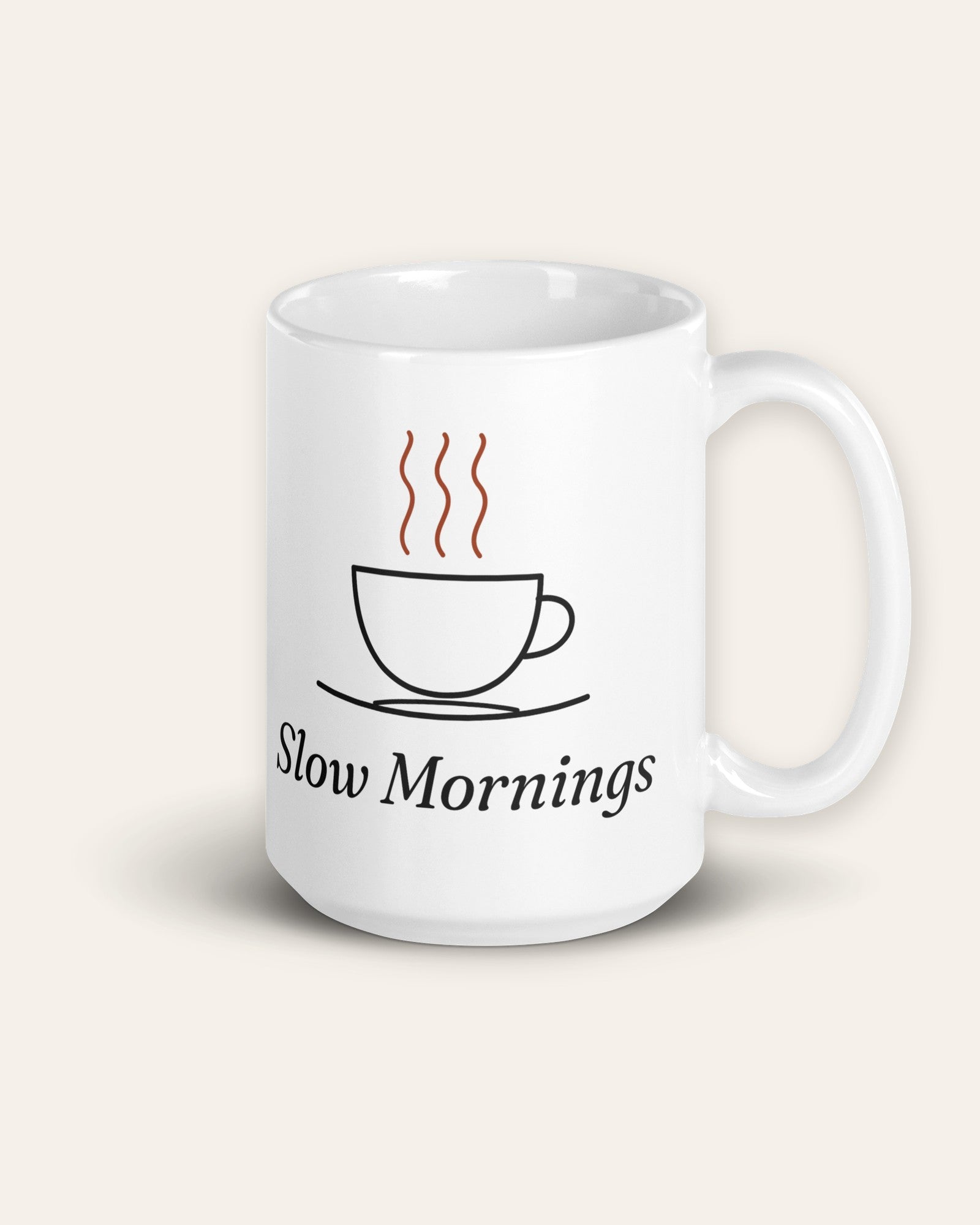 The Slow Mornings Mug, 15 oz, front, handle on right, product shot on cream