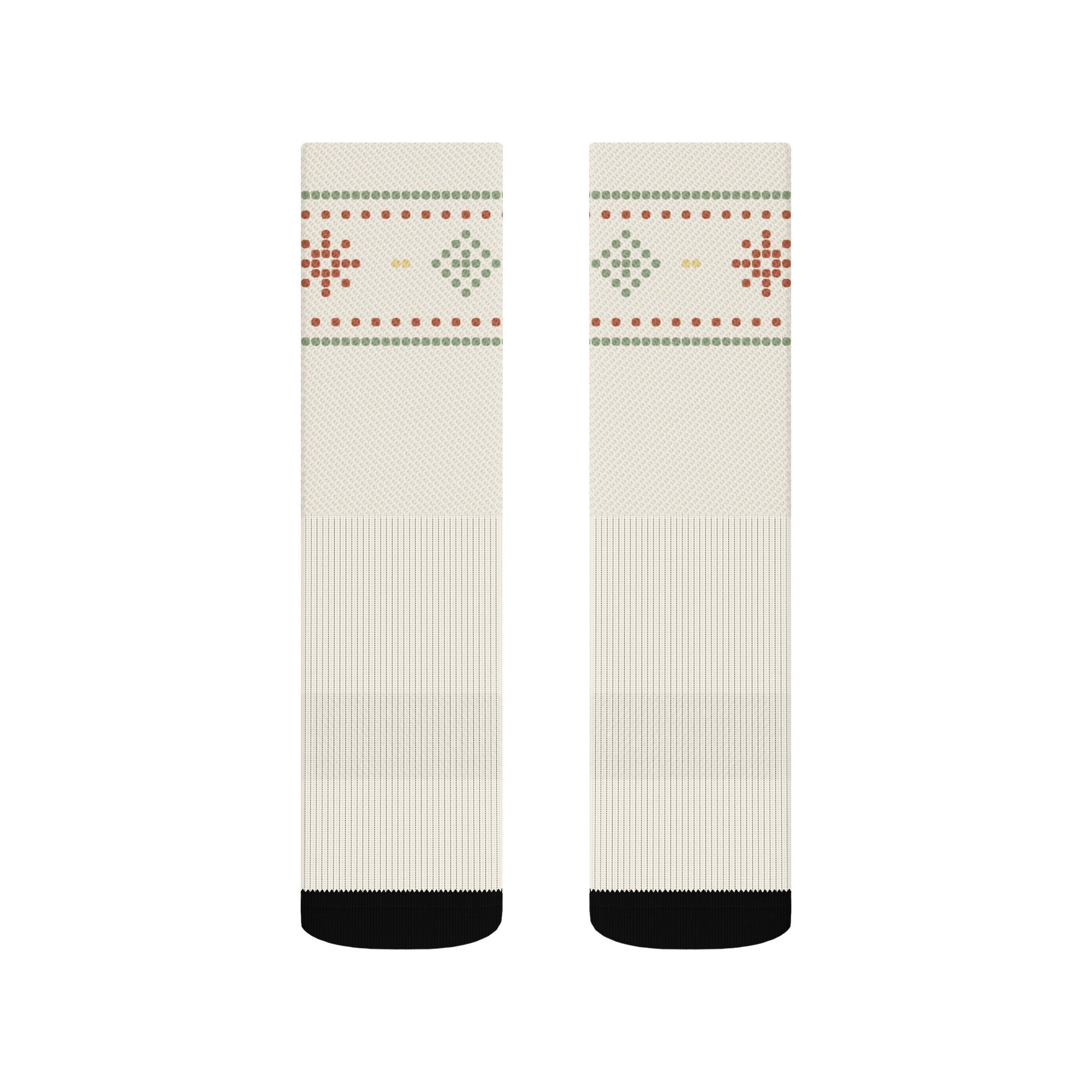The Nice-ish Socks from the front: cream crew socks with a sage and terracotta knit look holiday band