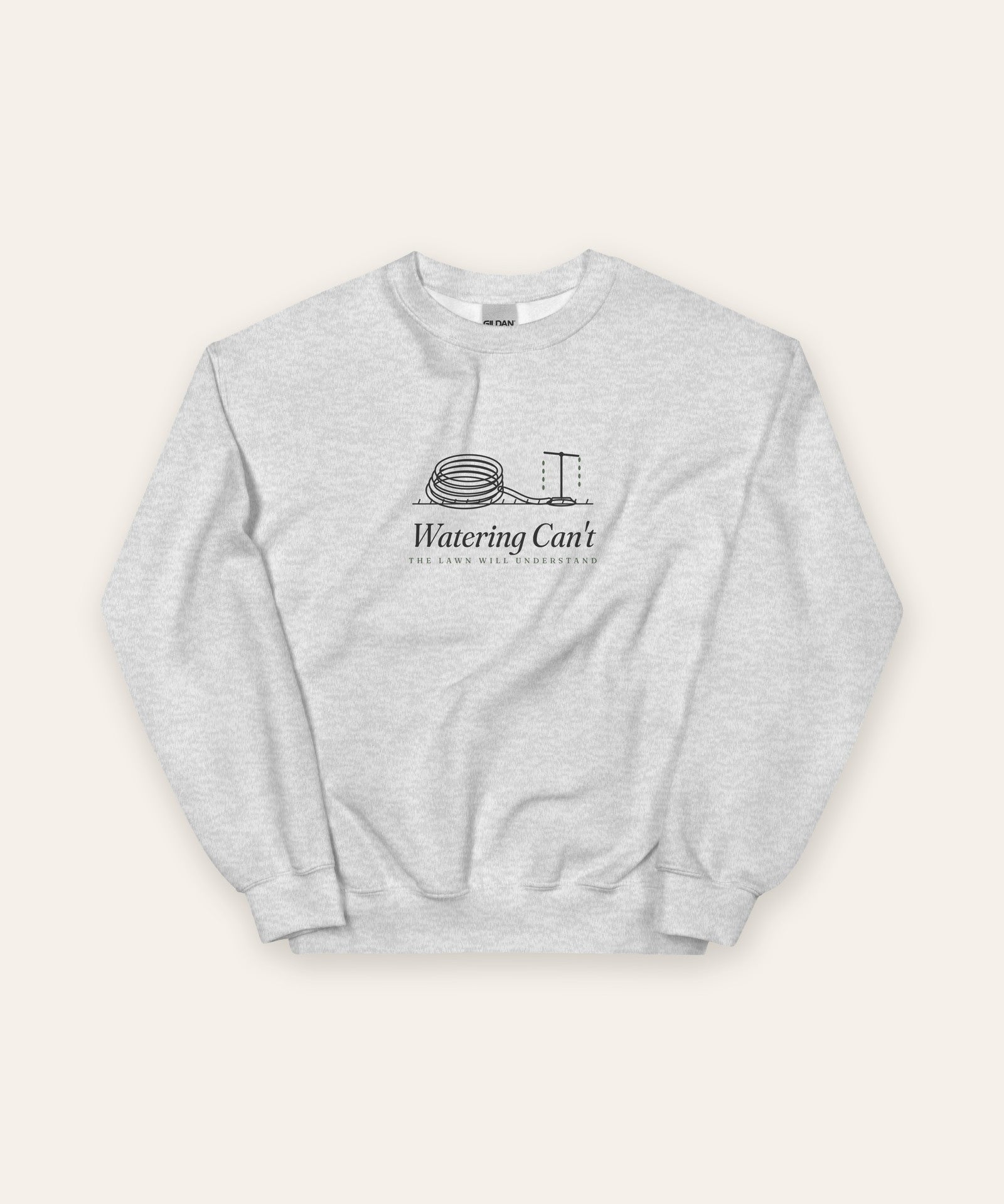 The Watering Can't Crewneck in Ash, flat lay front, product shot on cream