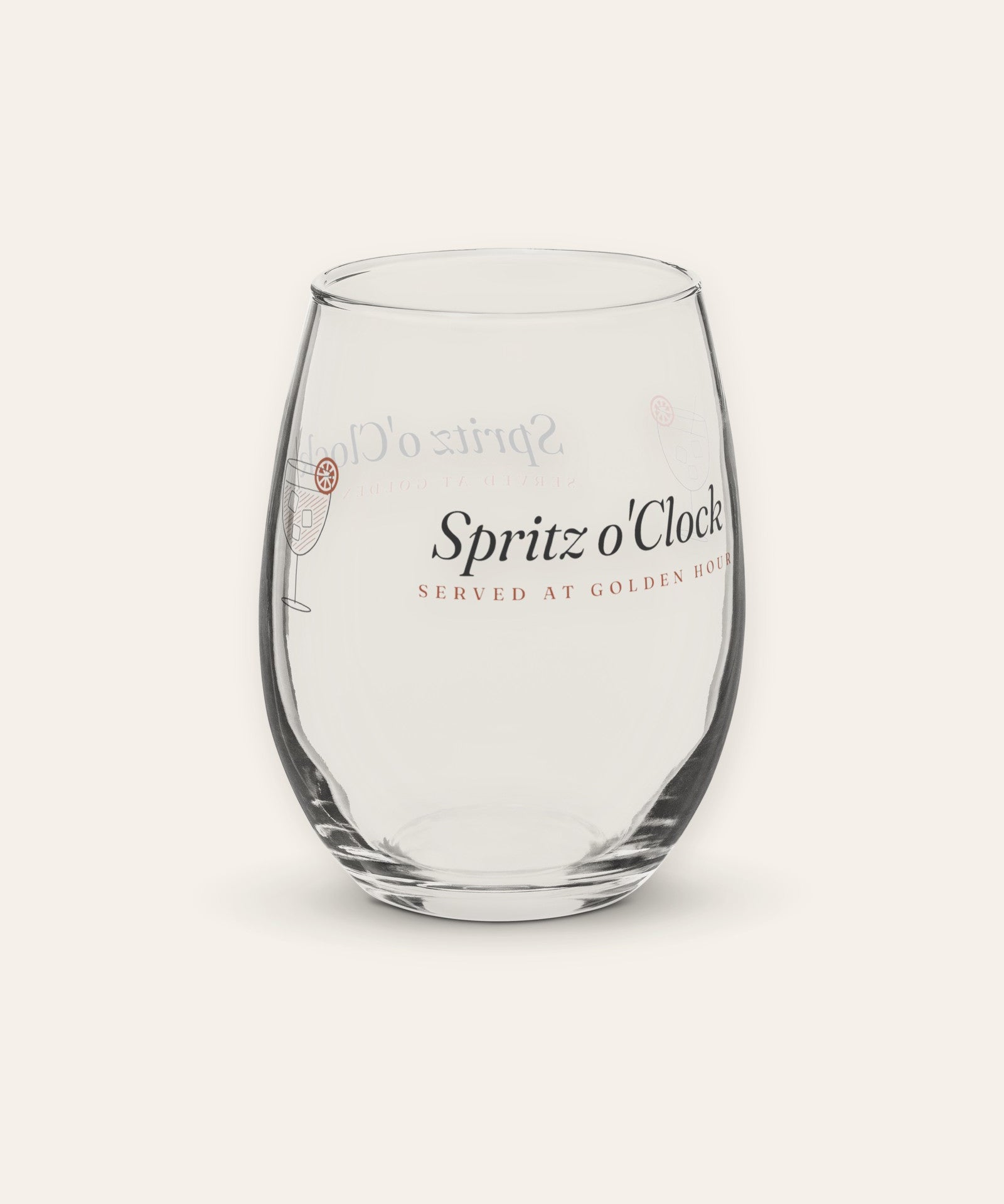 The Spritz o'Clock Stemless Glass, product shot on cream
