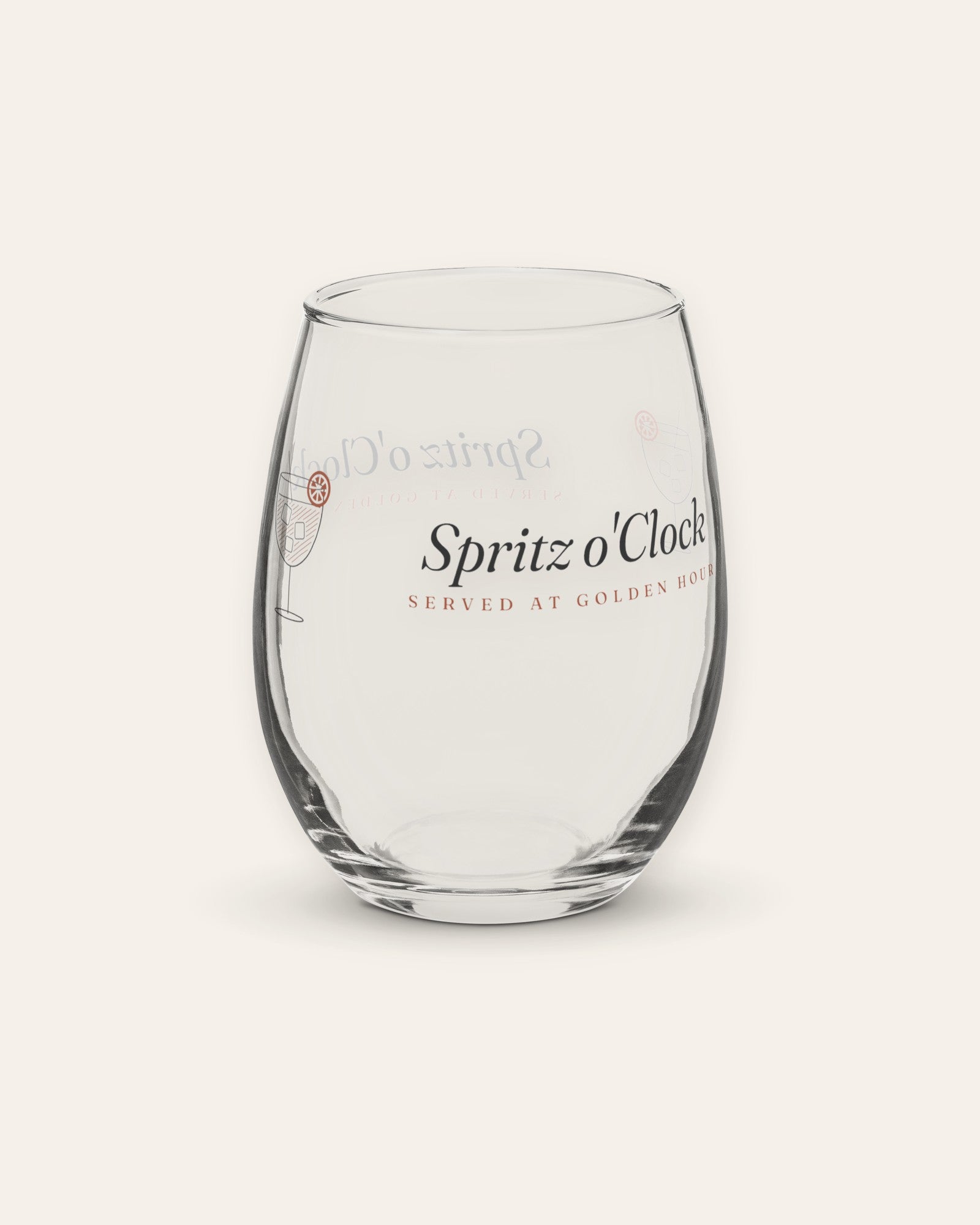 The Spritz o'Clock Stemless Glass, product shot on cream