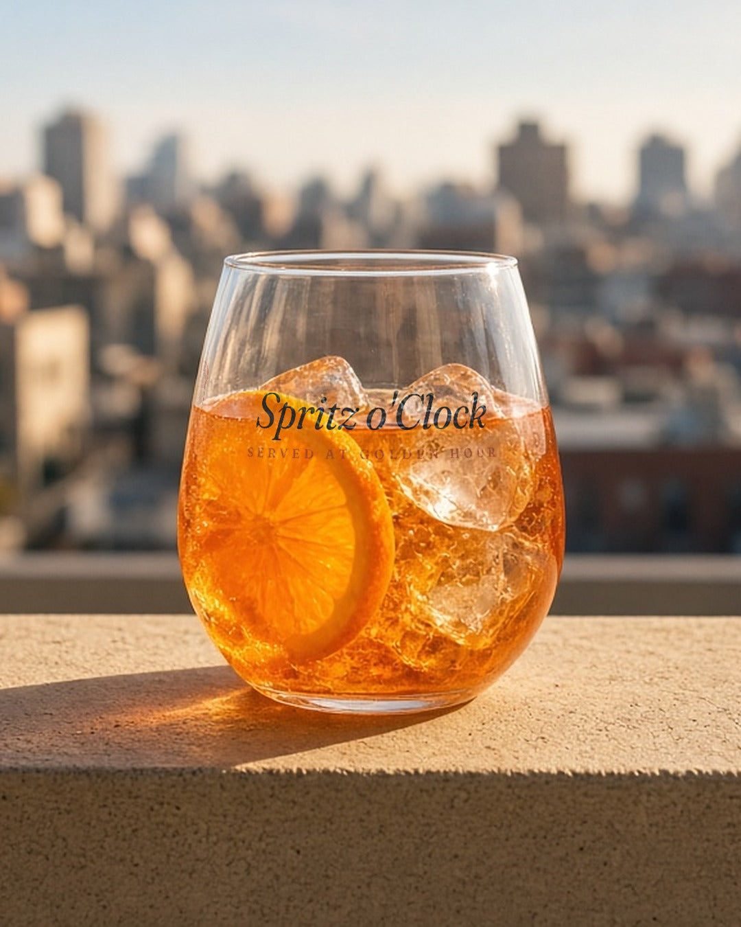 The Spritz o'Clock Stemless Glass in Clear 15 oz, glass with orange spritz and orange slice on a sun-warmed ledge, city rooftops behind, hard sun