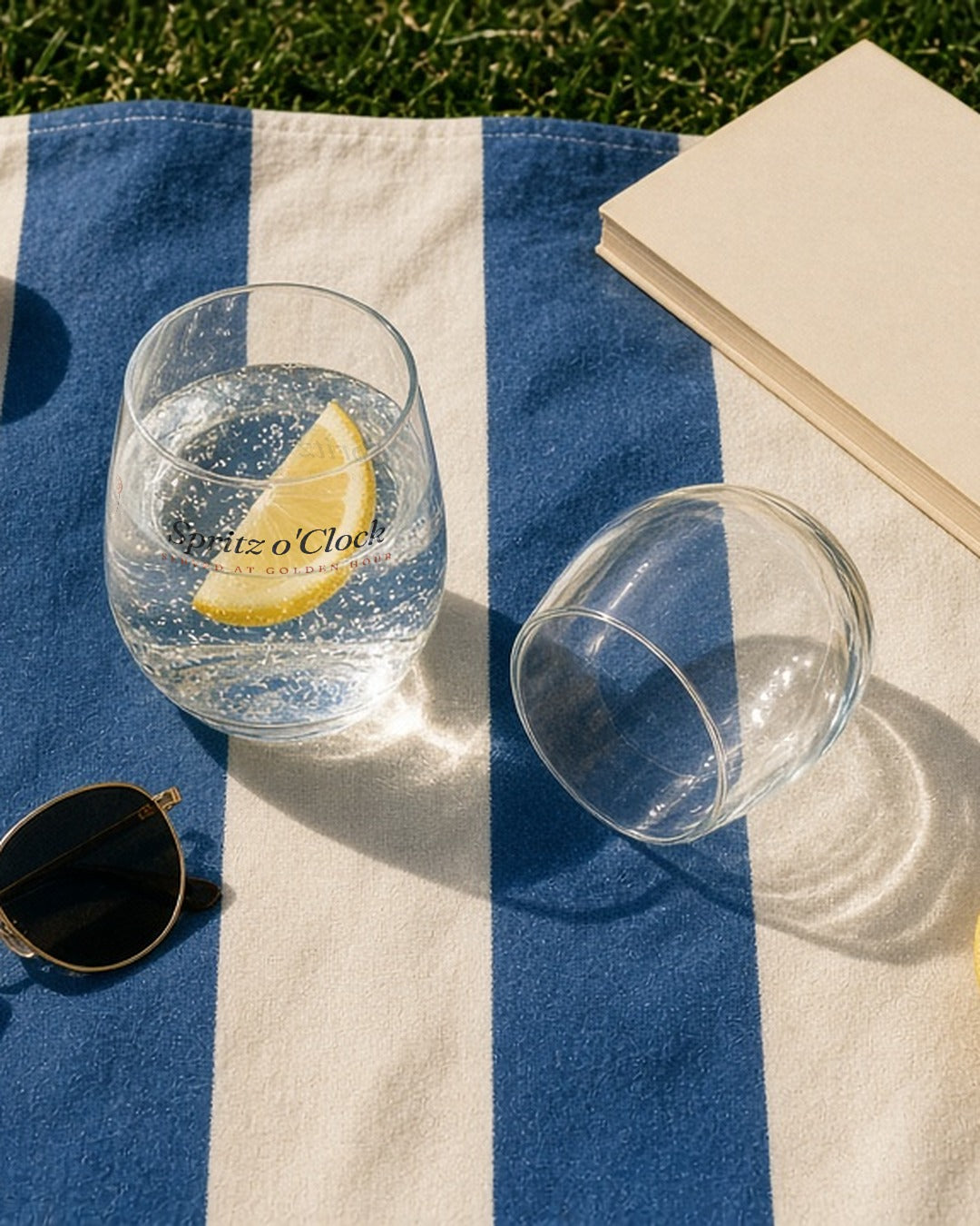 The Spritz o'Clock Stemless Glass in Clear 15 oz, two glasses on a blue-striped blanket, one upright with sparkling water and lemon, one knocked over (empty), overhead
