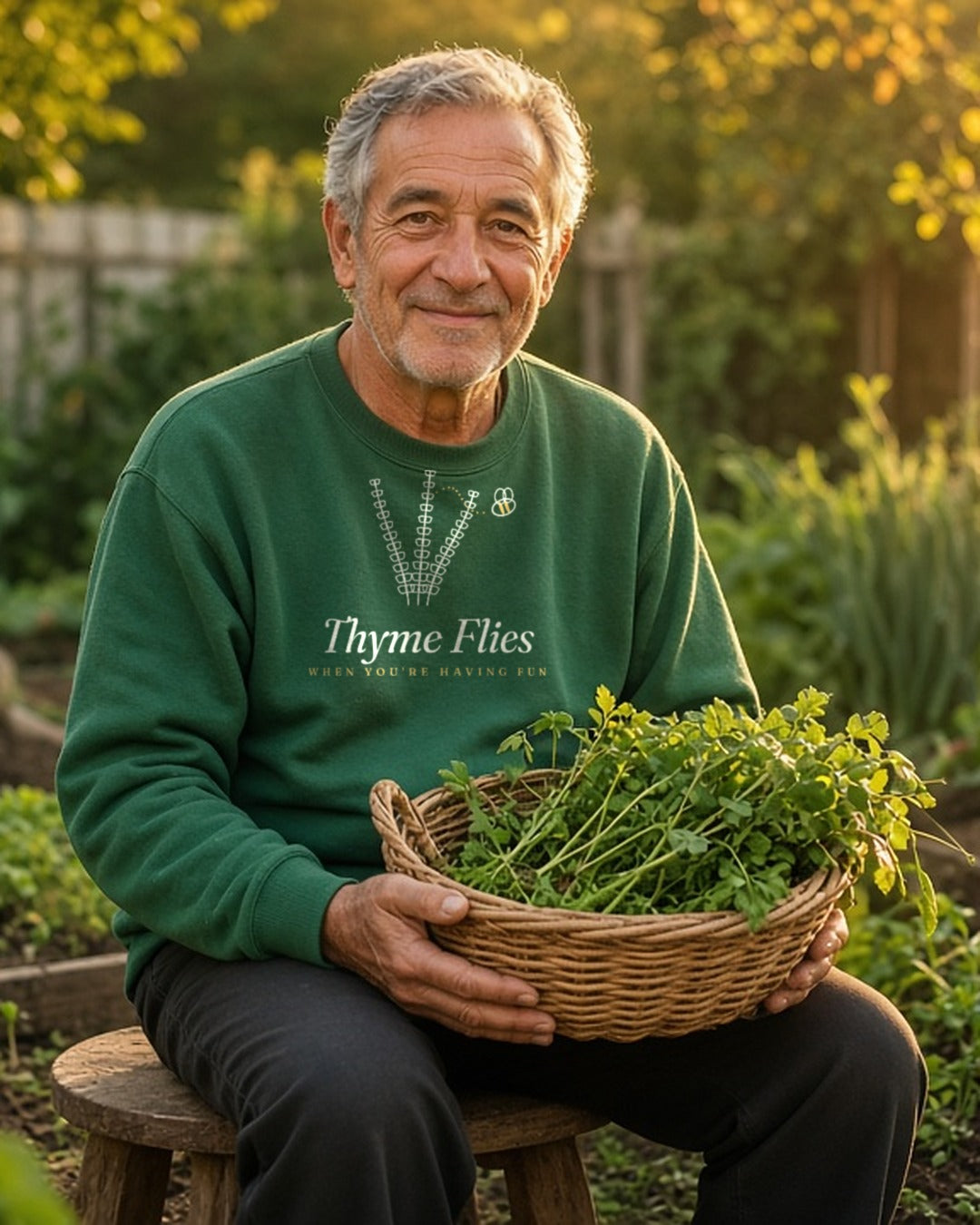 The Thyme Flies Crewneck in Forest Green, a man (60s) in Forest Green on a garden stool with a basket of cut herbs, golden low sun