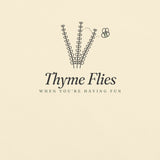 The Thyme Flies Tee in Ivory, close-up detail