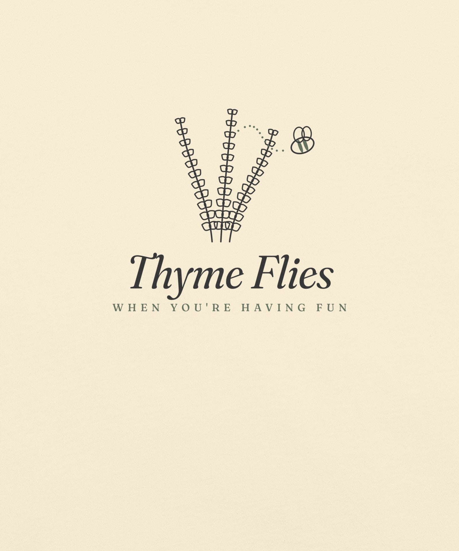 The Thyme Flies Tee in Ivory, close-up detail