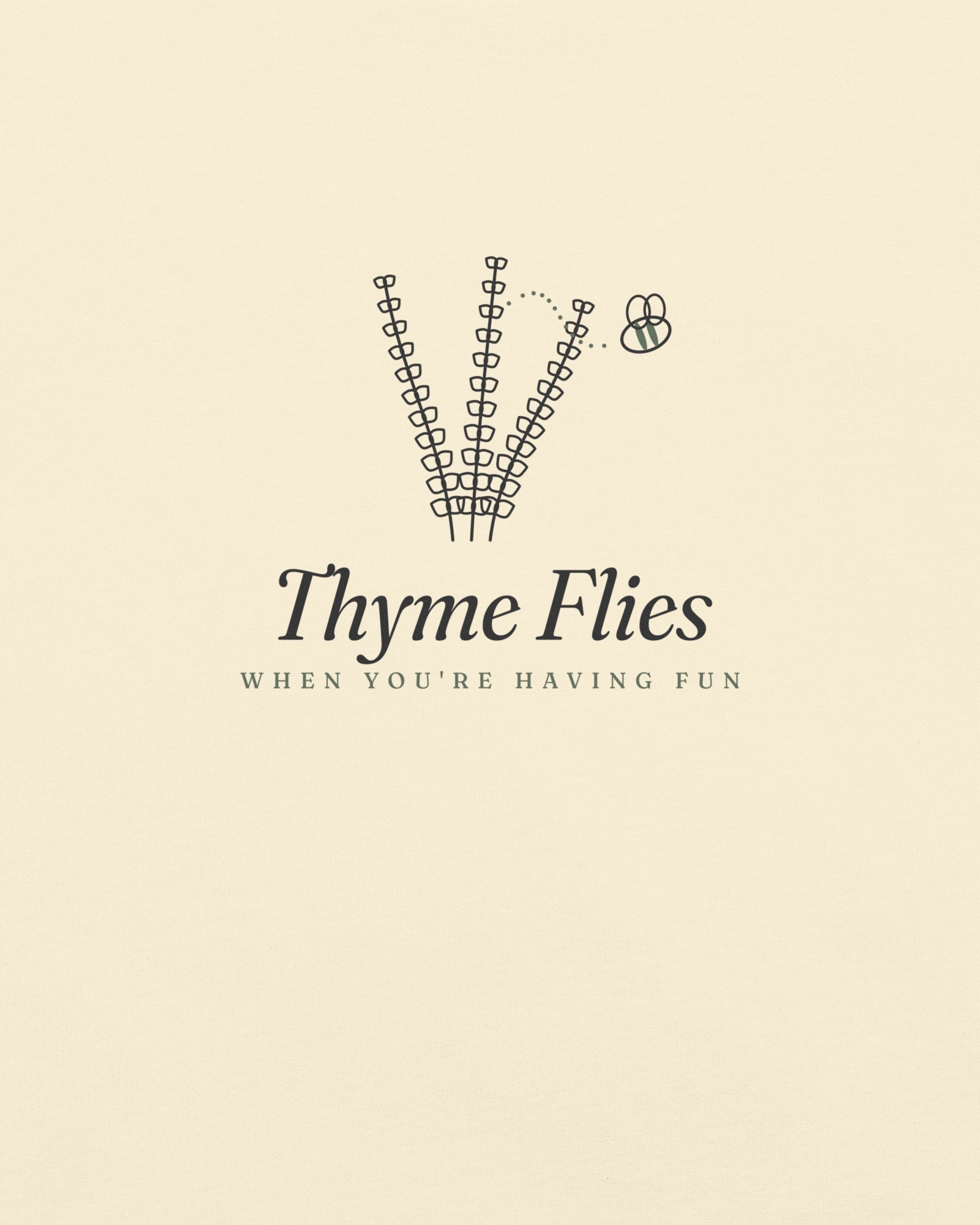 The Thyme Flies Tee in Ivory, close-up detail
