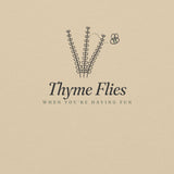 The Thyme Flies Crewneck in Sand, close-up detail