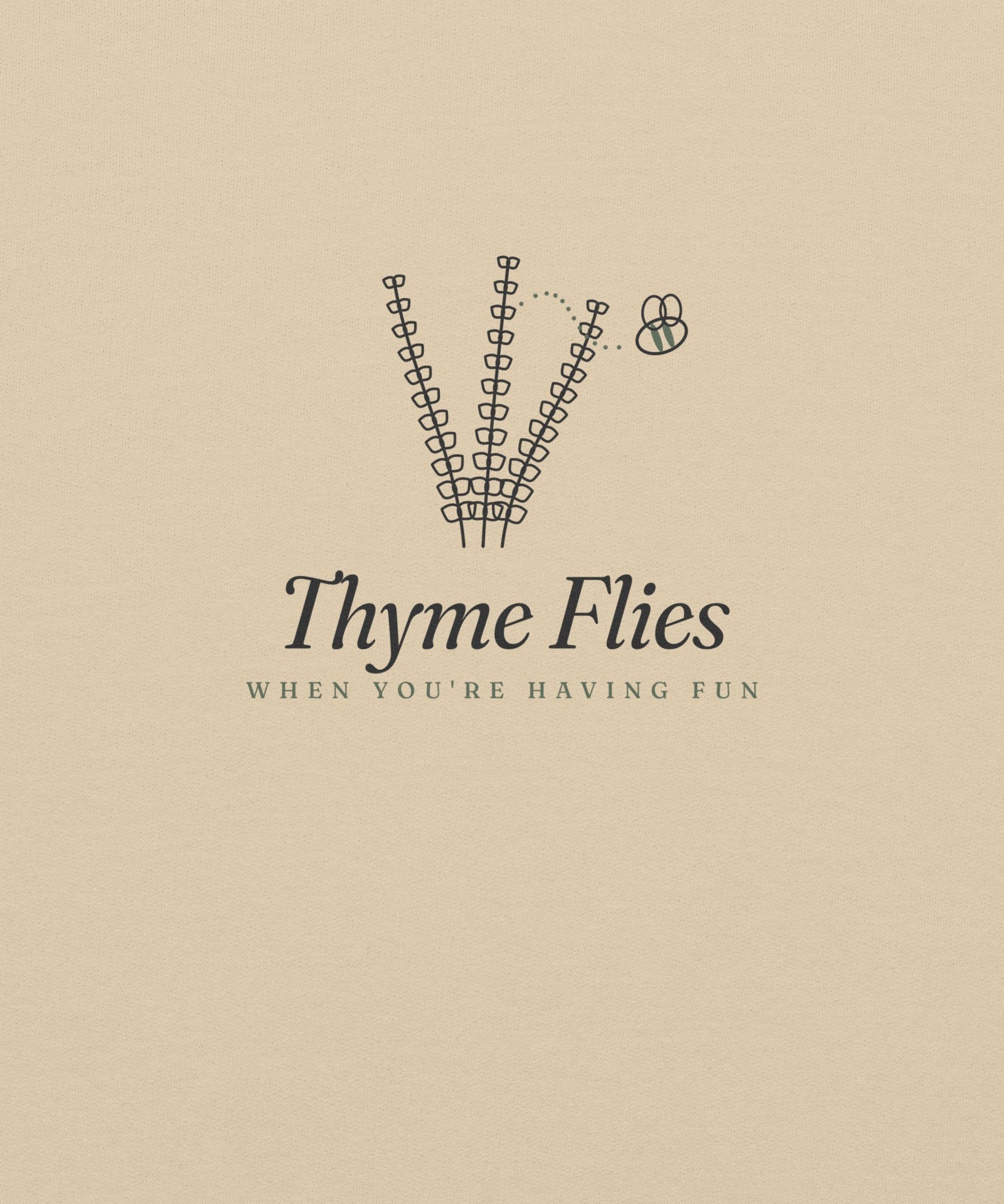 The Thyme Flies Crewneck in Sand, close-up detail