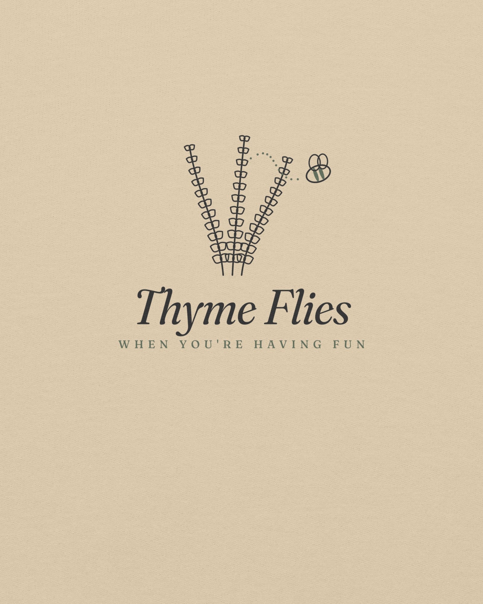 The Thyme Flies Crewneck in Sand, close-up detail