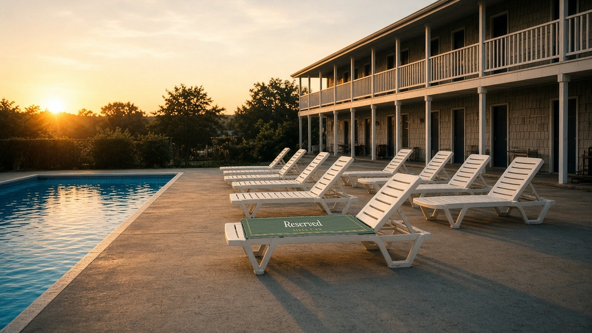 The Reserved Beach Towel in White, the towel laid out on one chaise at a motel pool at sunrise, every other chair free, wide