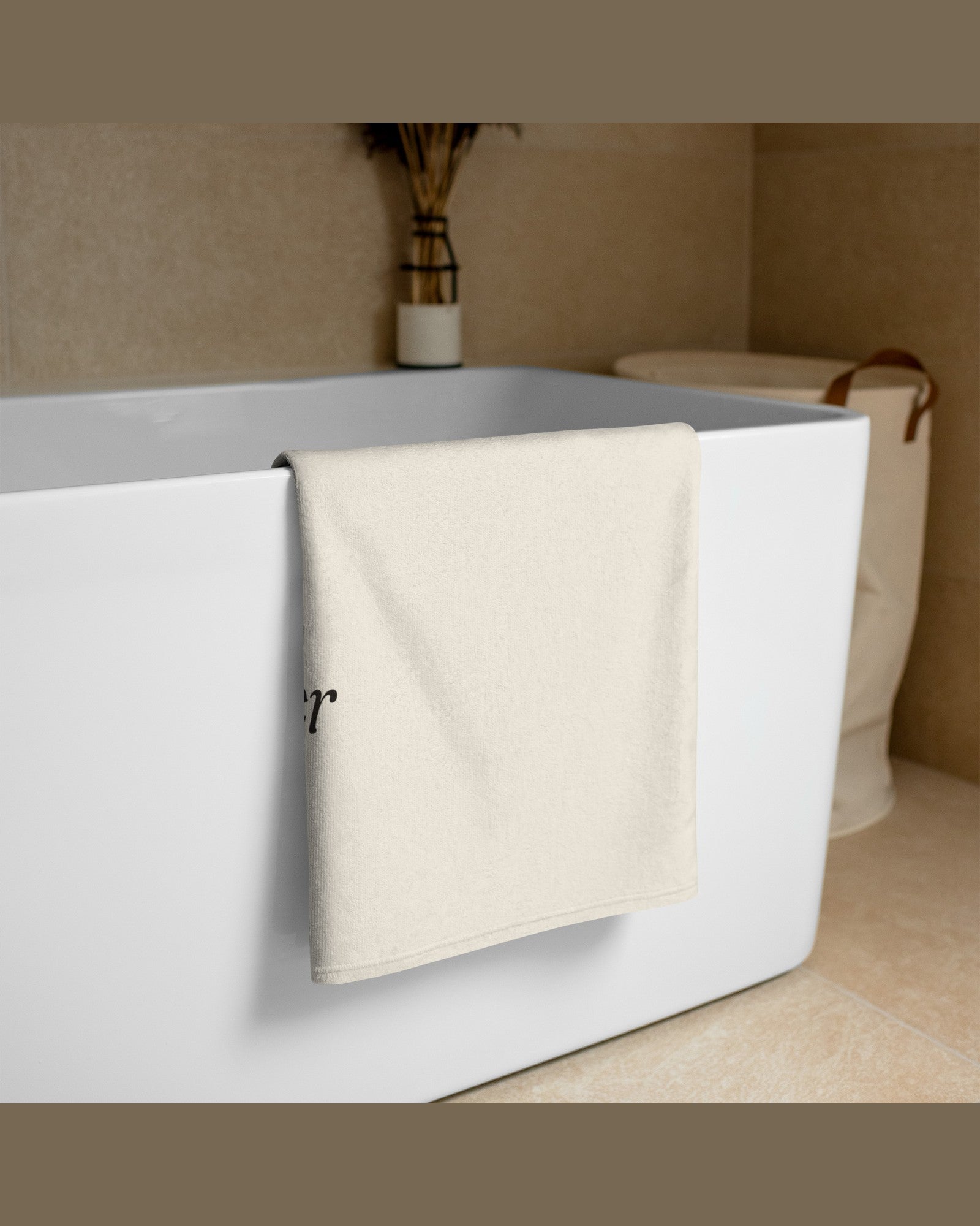 The Towel You Later Beach Towel in White, styled lifestyle shot