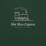The Hot Mess Express Crewneck in Forest Green, close-up detail
