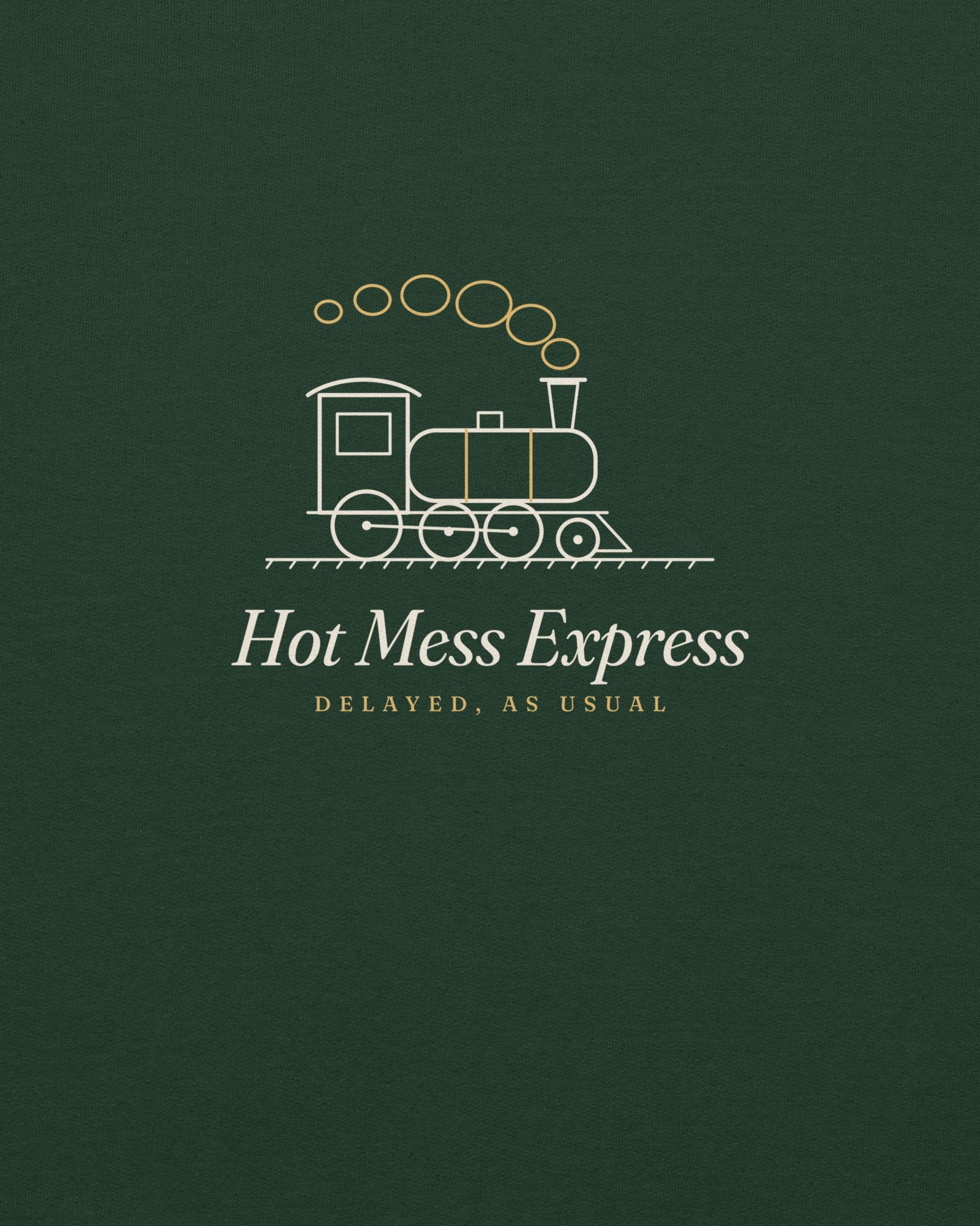 The Hot Mess Express Crewneck in Forest Green, close-up detail