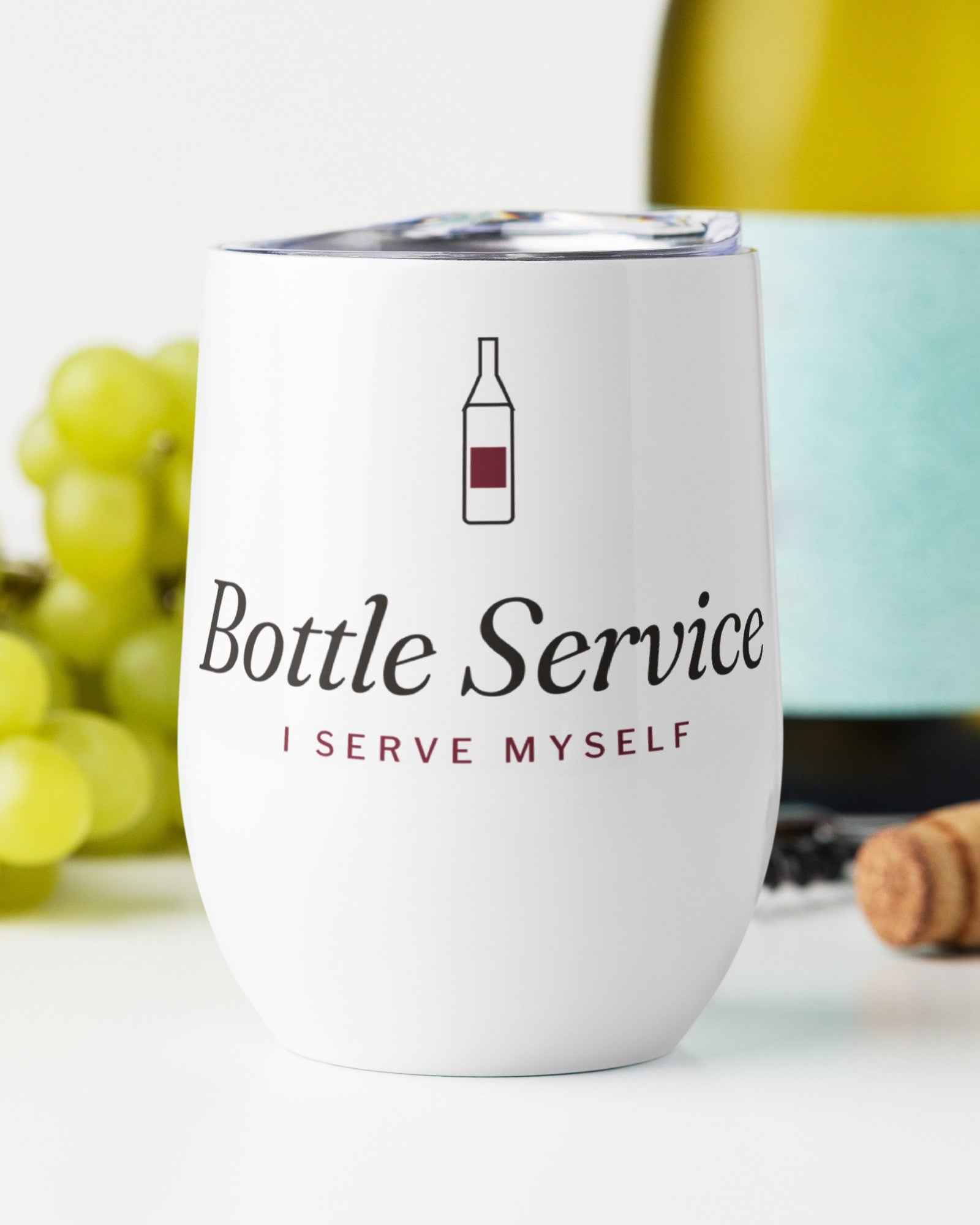 The Bottle Service Wine Tumbler with grapes, a cork and a bottle