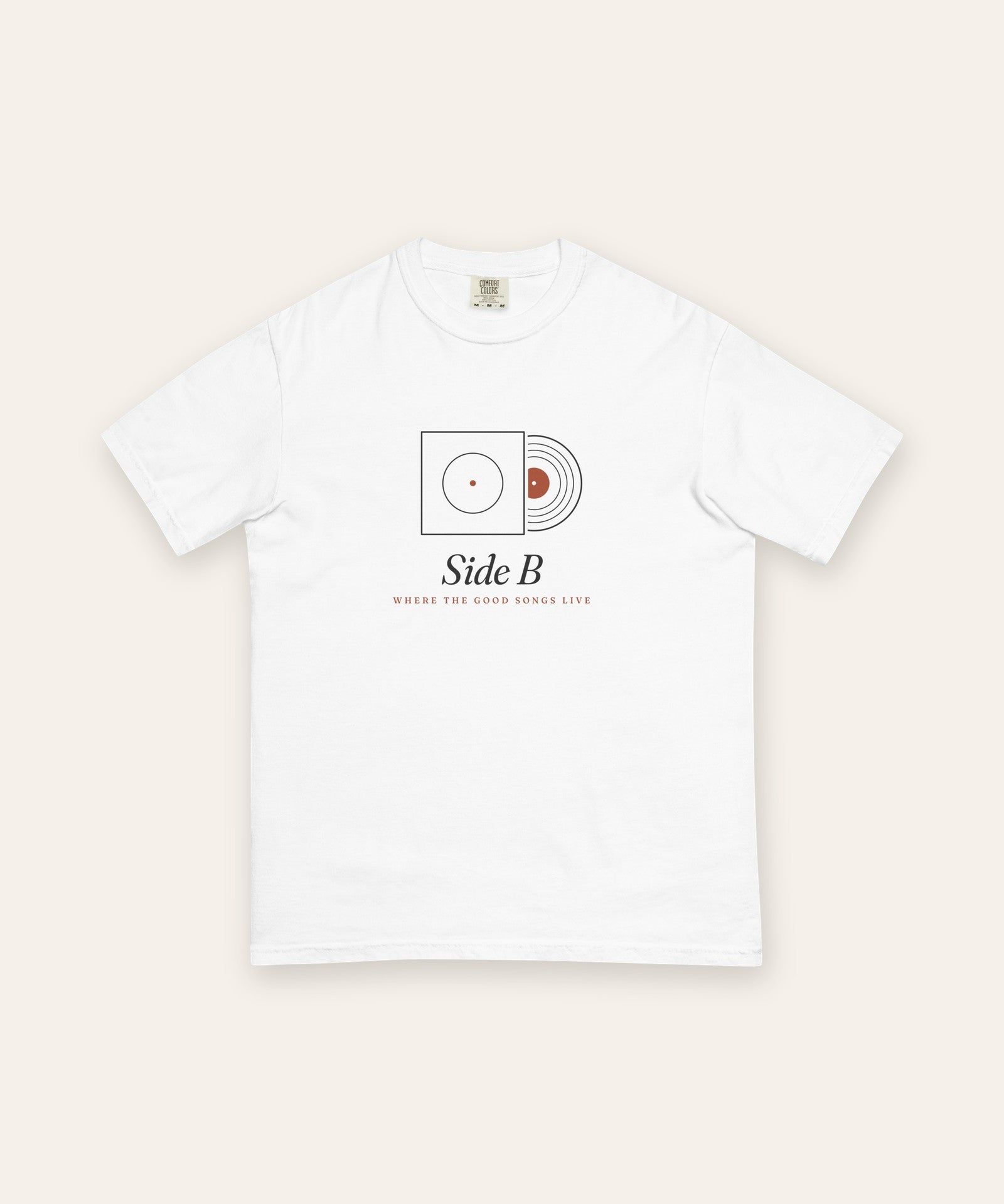The Side B Tee in White, flat lay front, product shot on cream
