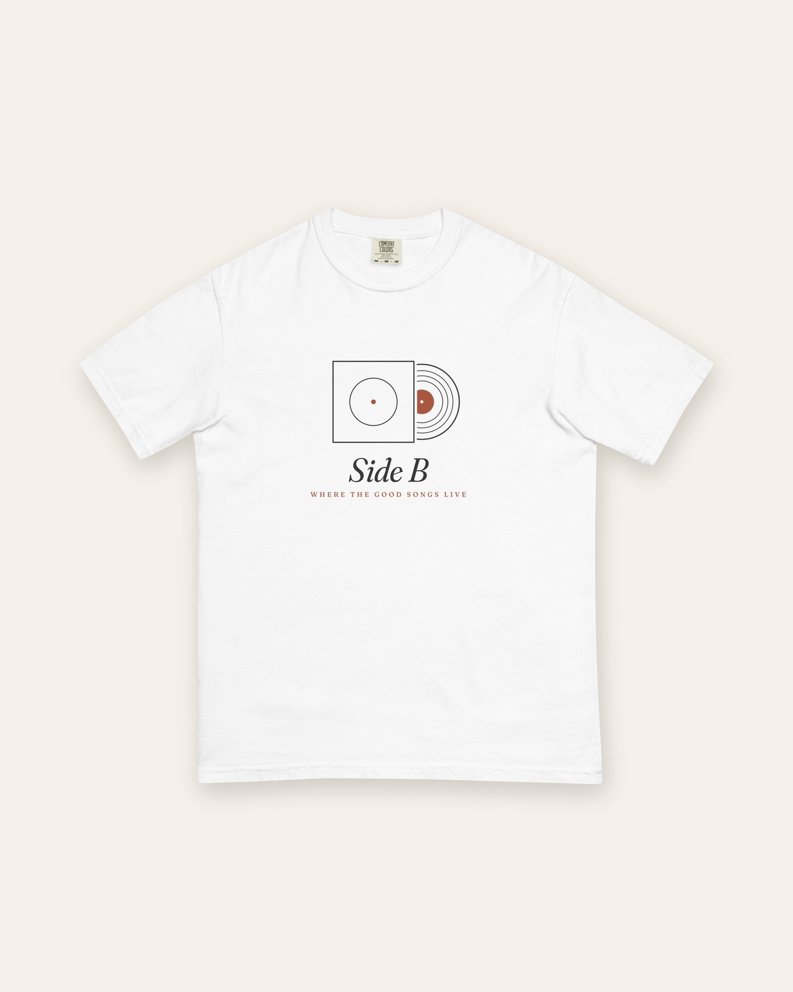 The Side B Tee in White, flat lay front, product shot on cream