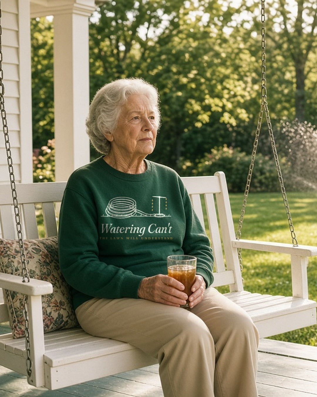 The Watering Can't Crewneck in Forest Green, an older woman (70s) in Forest Green on a porch swing watching her sprinkler with great interest, iced tea in hand