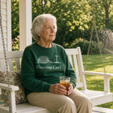 The Watering Can't Crewneck in Forest Green, an older woman (70s) in Forest Green on a porch swing watching her sprinkler with great interest, iced tea in hand