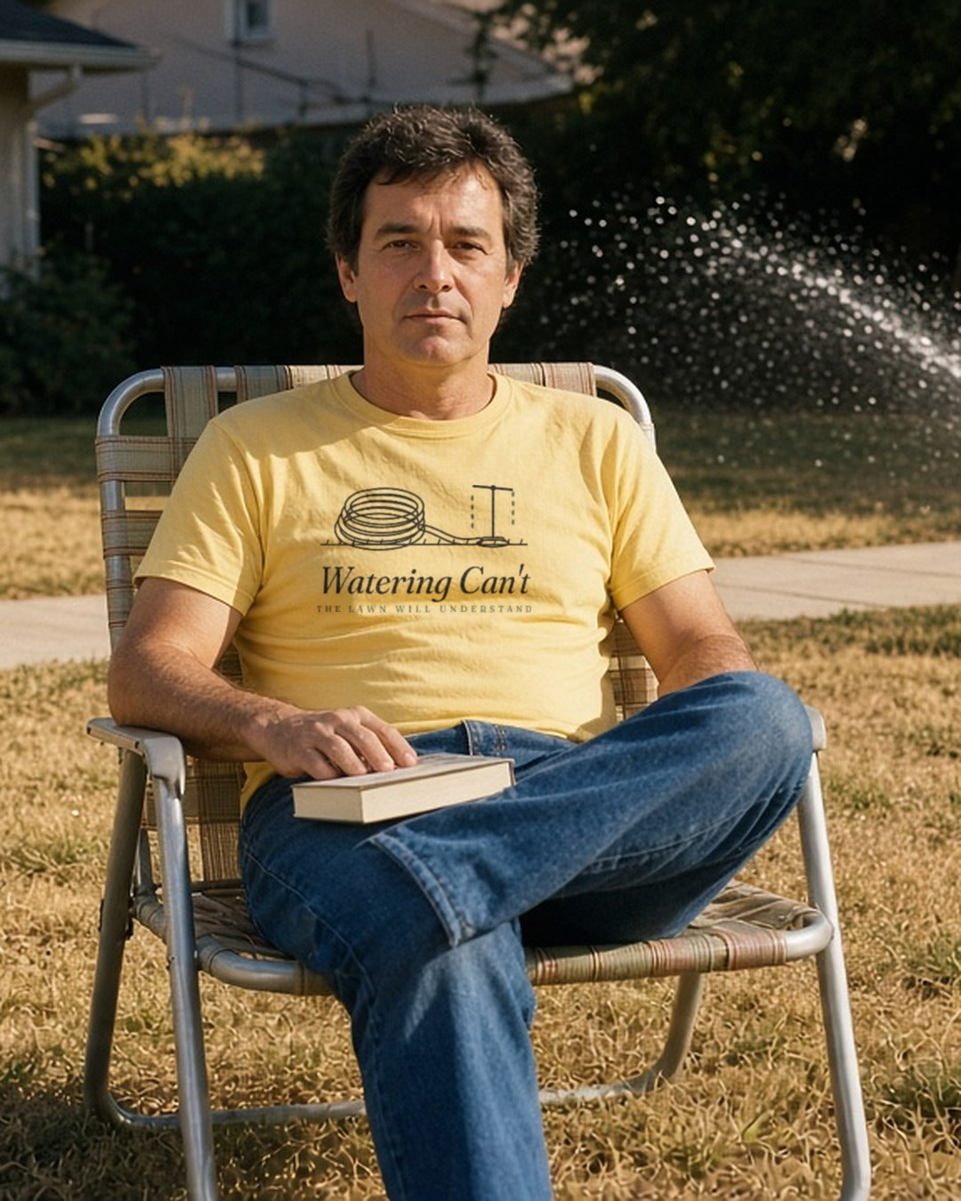 The Watering Can't Tee in Butter, a man (40s) in a lawn chair reading a paperback while a sprinkler waters the sidewalk instead of the yellow lawn