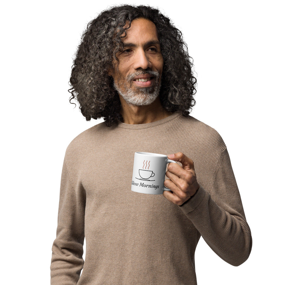 The Slow Mornings Mug, in hand, morning coffee