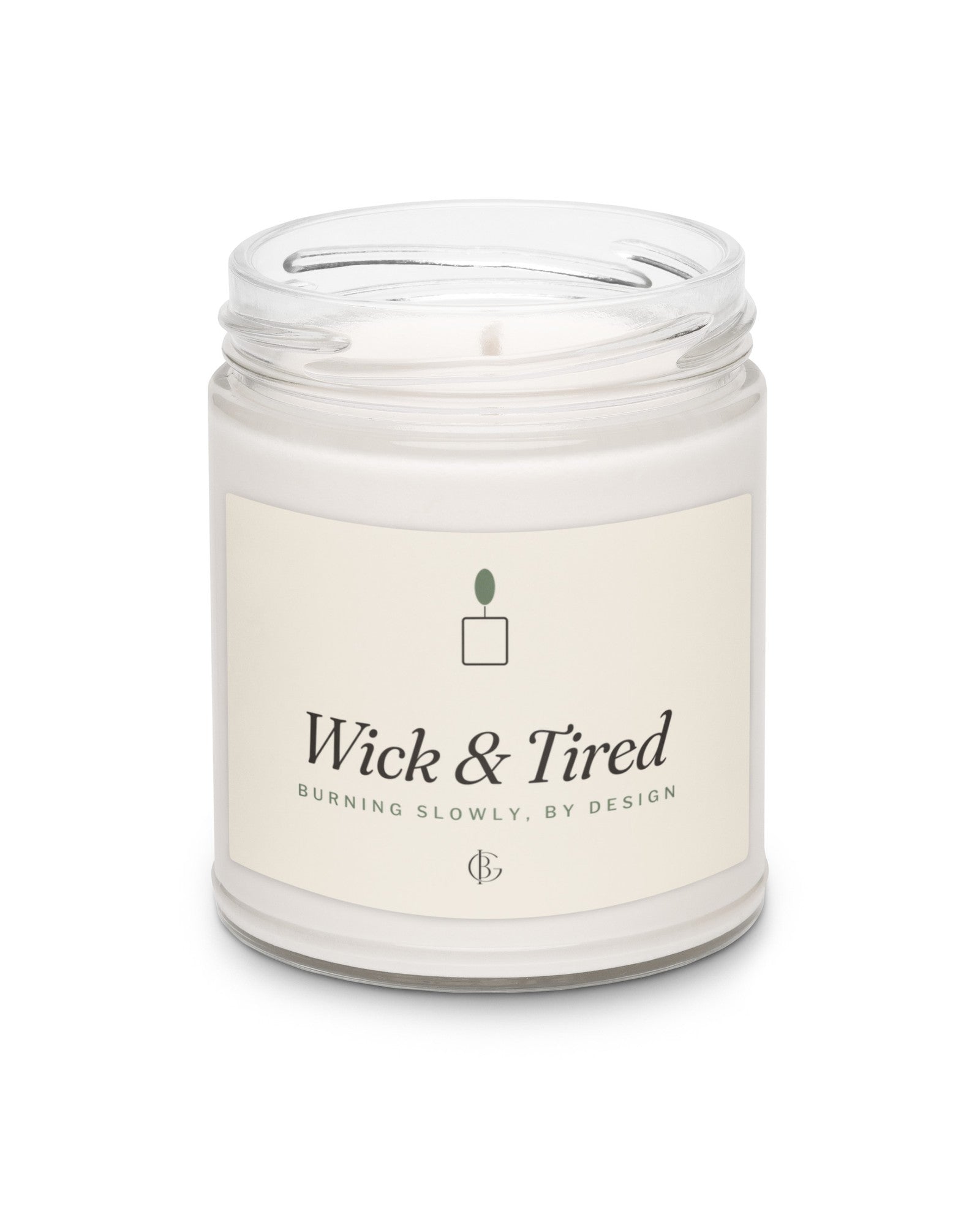 The Wick and Tired Candle in Clean Cotton, product shot from another angle