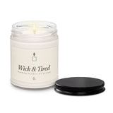 The Wick and Tired Candle in Clean Cotton, product shot from another angle