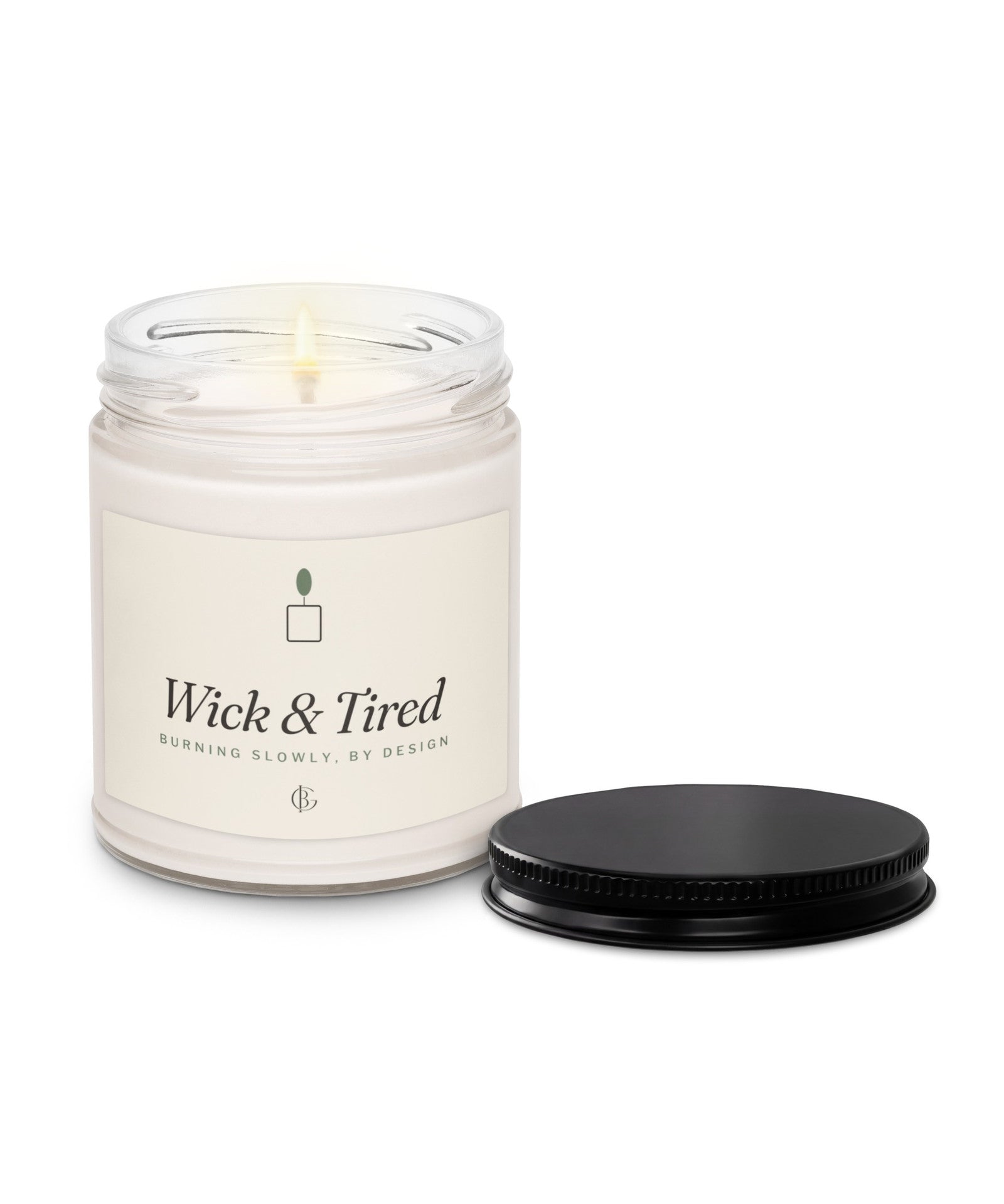 The Wick and Tired Candle in Clean Cotton, product shot from another angle