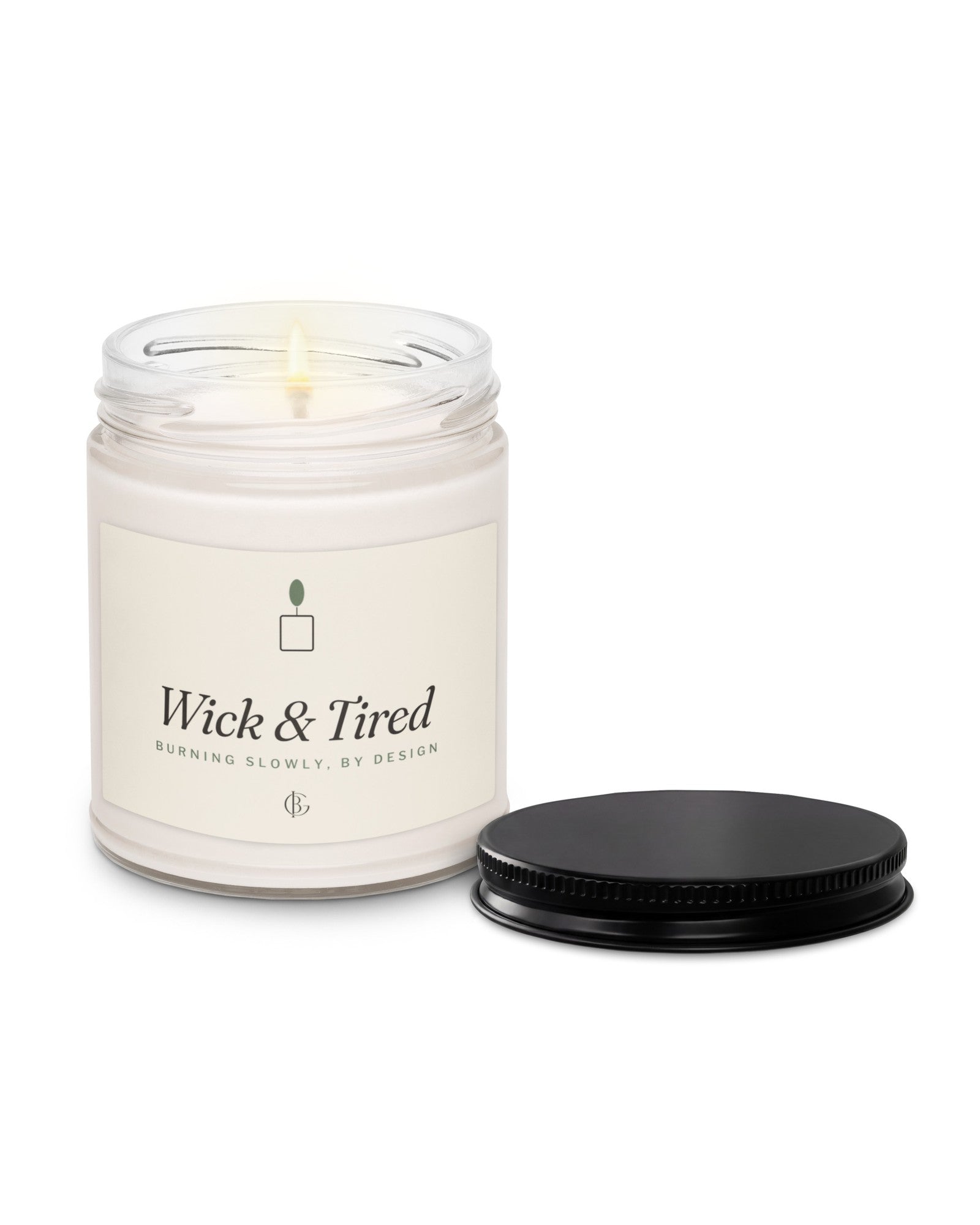 The Wick and Tired Candle in Clean Cotton, product shot from another angle