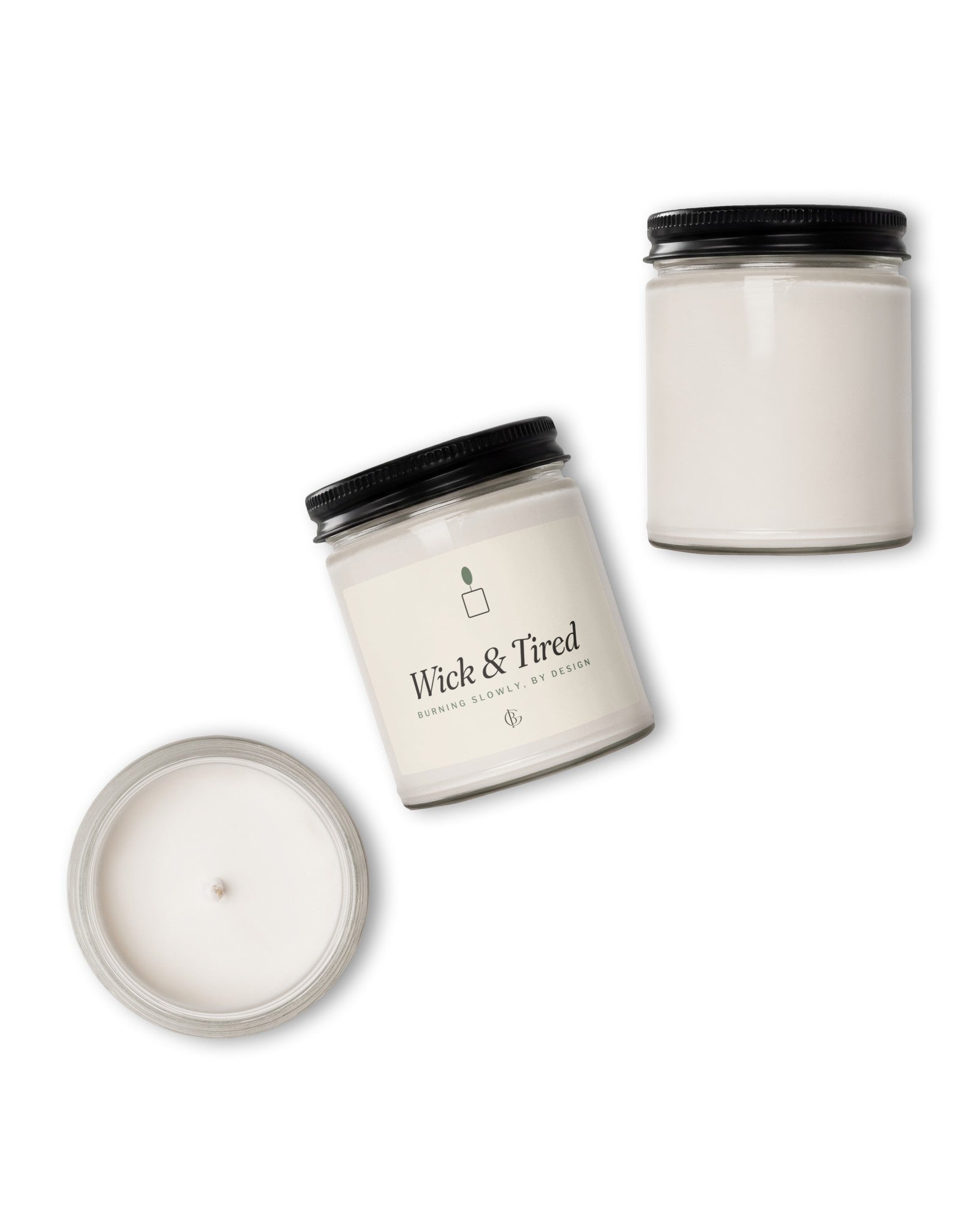 The Wick and Tired Candle in Clean Cotton, product shot from another angle