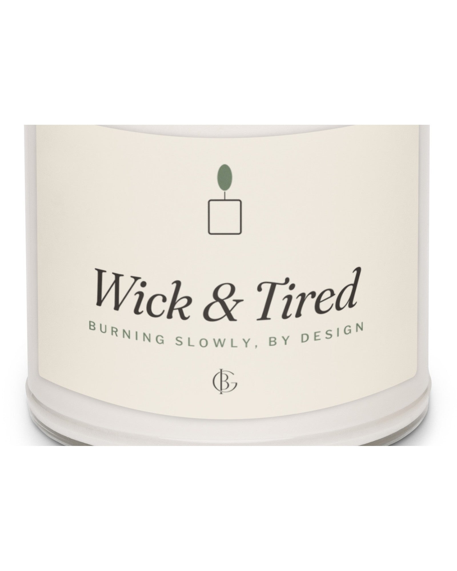 The Wick and Tired Candle in Clean Cotton, close-up of the design
