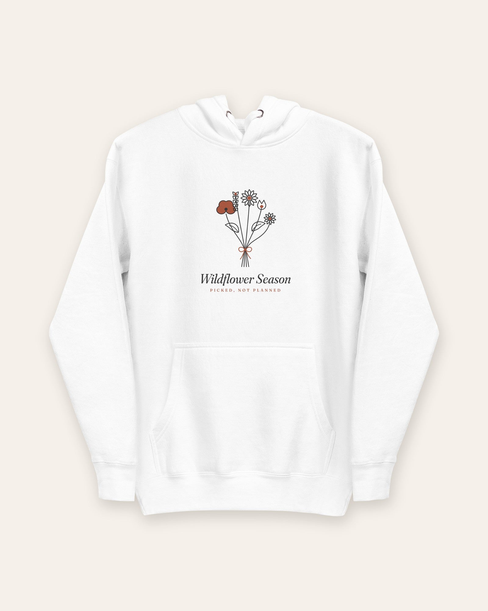 The Wildflower Season Hoodie in White, flat lay front, product shot on cream