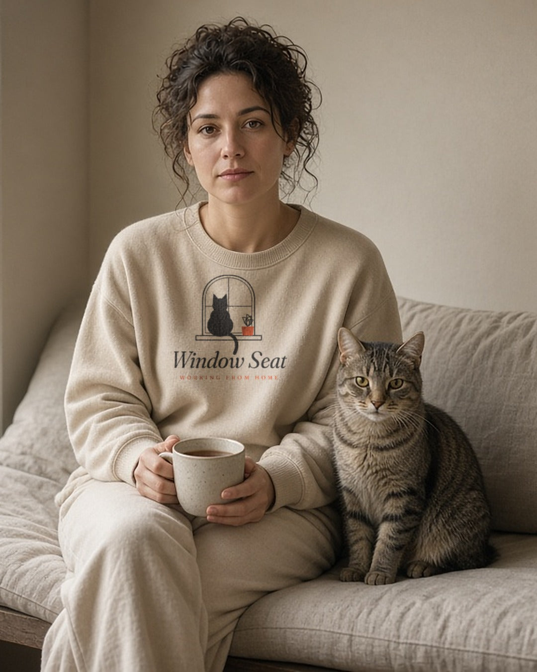 The Window Seat Crewneck in Sand, a woman in Sand on a window seat with tea, a cat in the same pose next to her