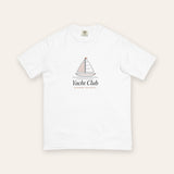 The Yacht Club Tee in White, flat lay front, product shot on cream