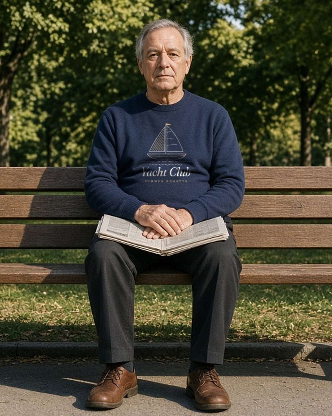 The Yacht Club Crewneck in Navy, older man sitting on a park bench with a newspaper on his lap