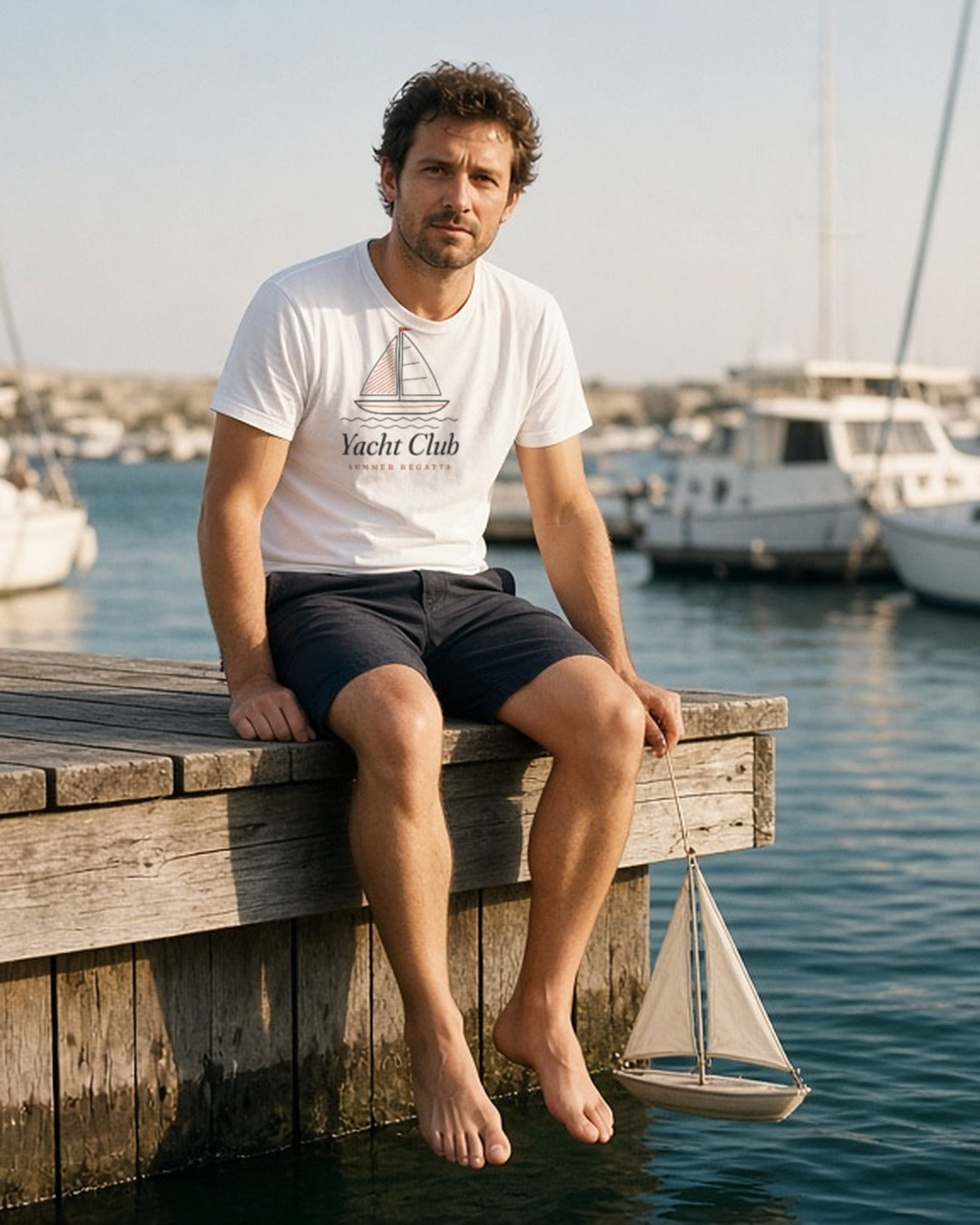 The Yacht Club Tee in White, a man (30s) in the White tee sits on a wooden dock with his feet over the water, holding a tiny toy sailboat on a string like it is his fleet