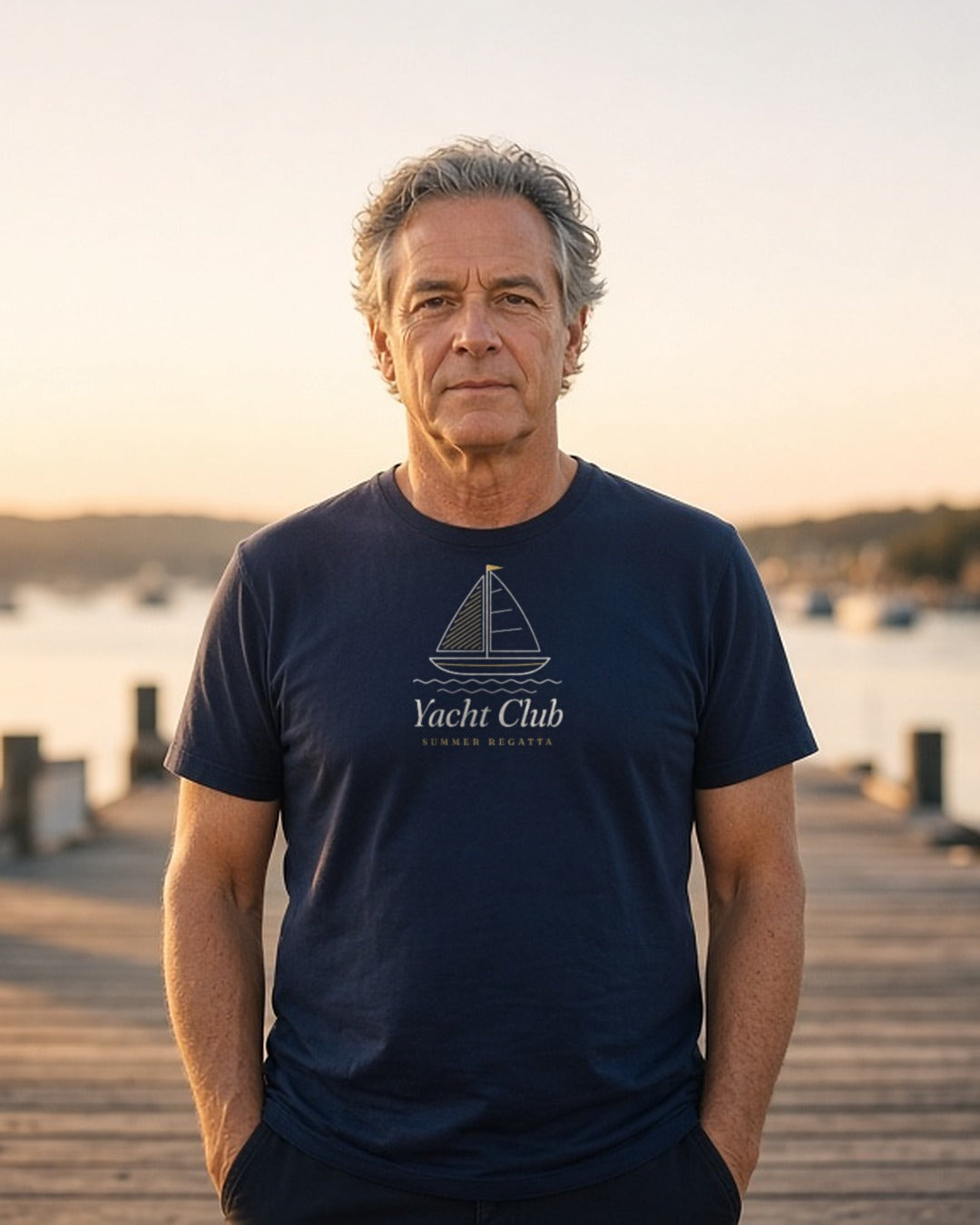 The Yacht Club Tee in True Navy, man standing on a wooden dock at sunset, hands in his pockets