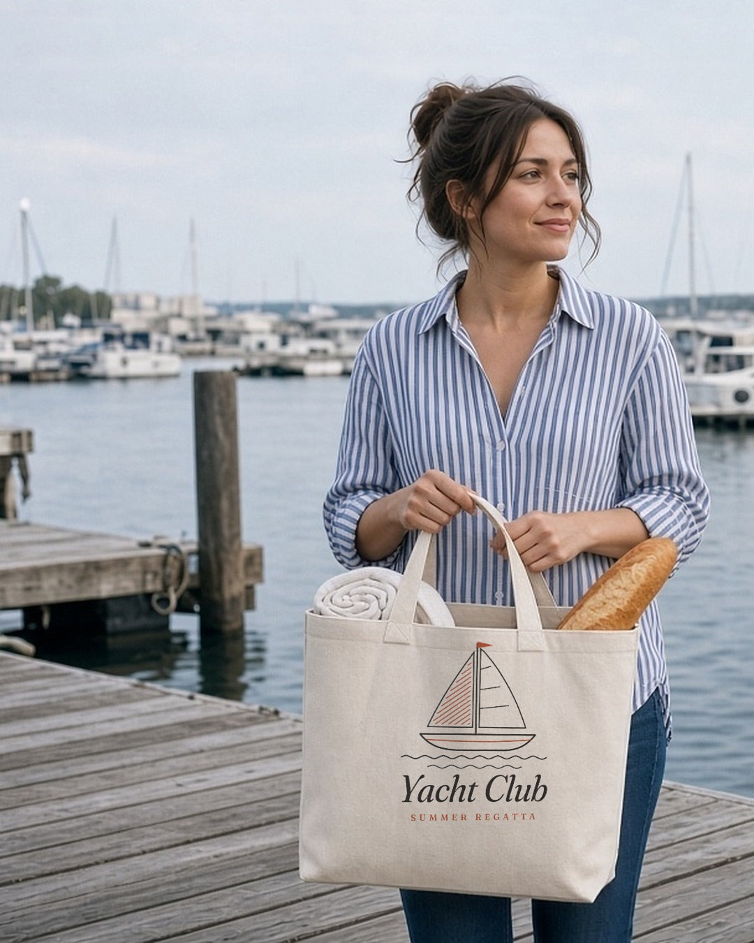 The Yacht Club Tote in Oyster, woman on a marina dock with the tote holding a baguette and a rolled towel