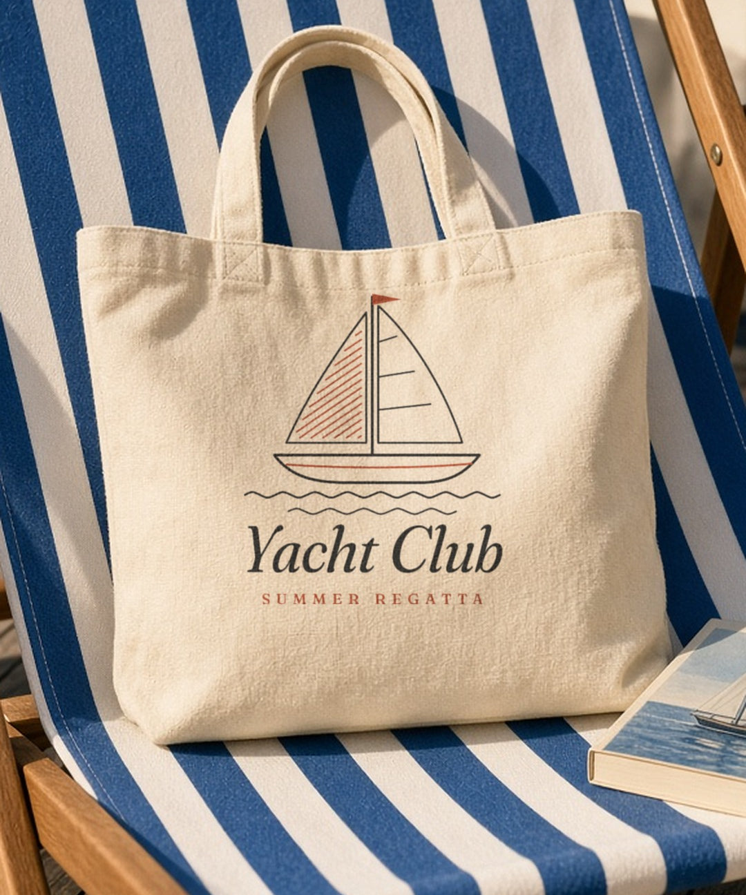 The Yacht Club Tote in Oyster, the tote on a striped deck chair with a paperback and a lemon soda